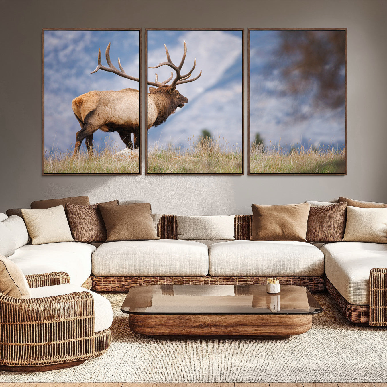 -Rustic Elk Wall Art Canvas Print, Wildlife Antler Print, Framed Western Hunting Lodge Art Print