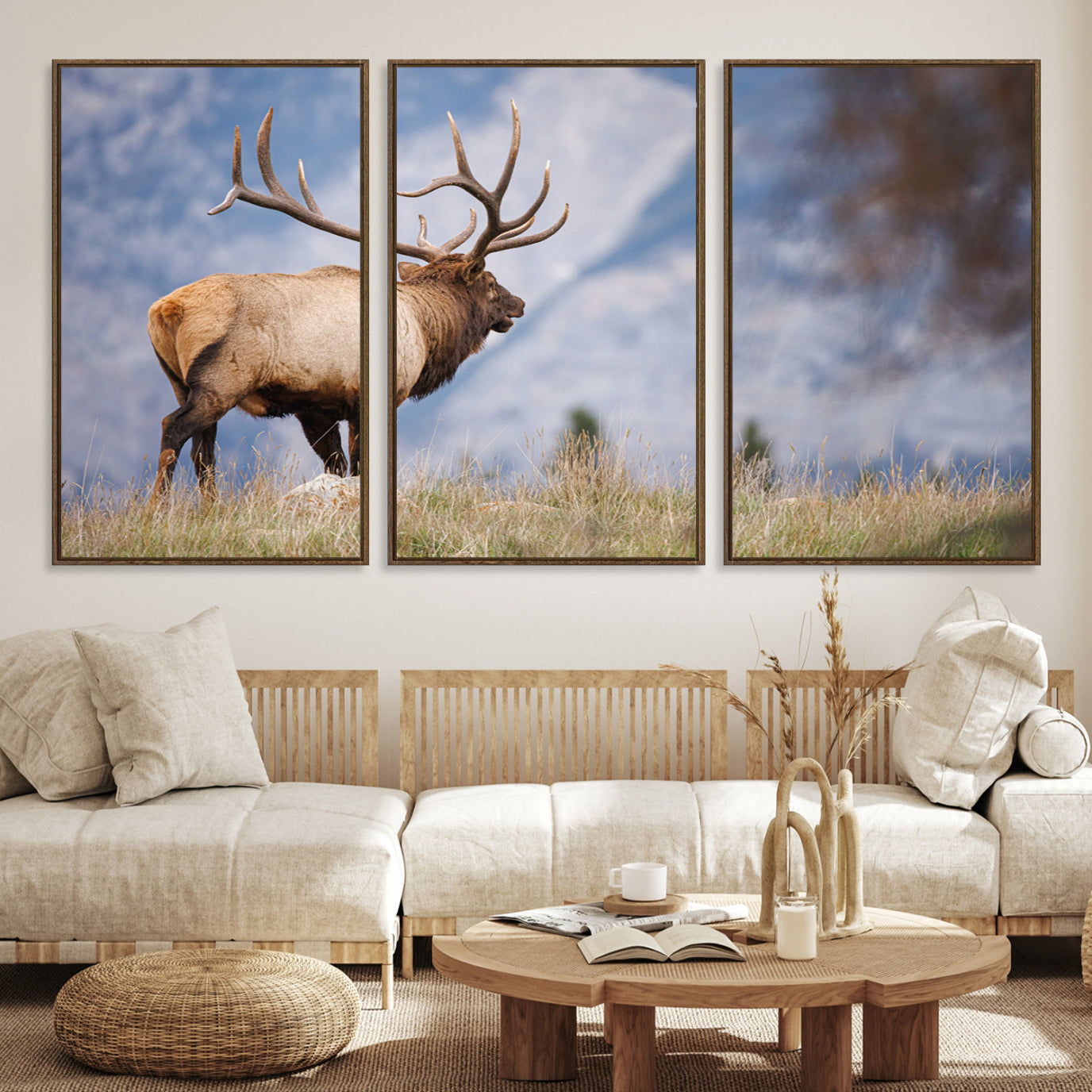 -Rustic Elk Wall Art Canvas Print, Wildlife Antler Print, Framed Western Hunting Lodge Art Print