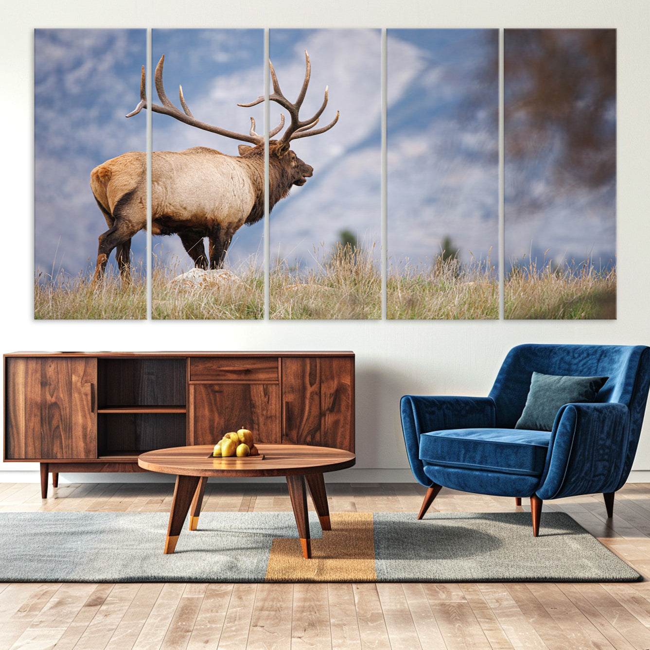 -Rustic Elk Wall Art Canvas Print, Wildlife Antler Print, Framed Western Hunting Lodge Art Print