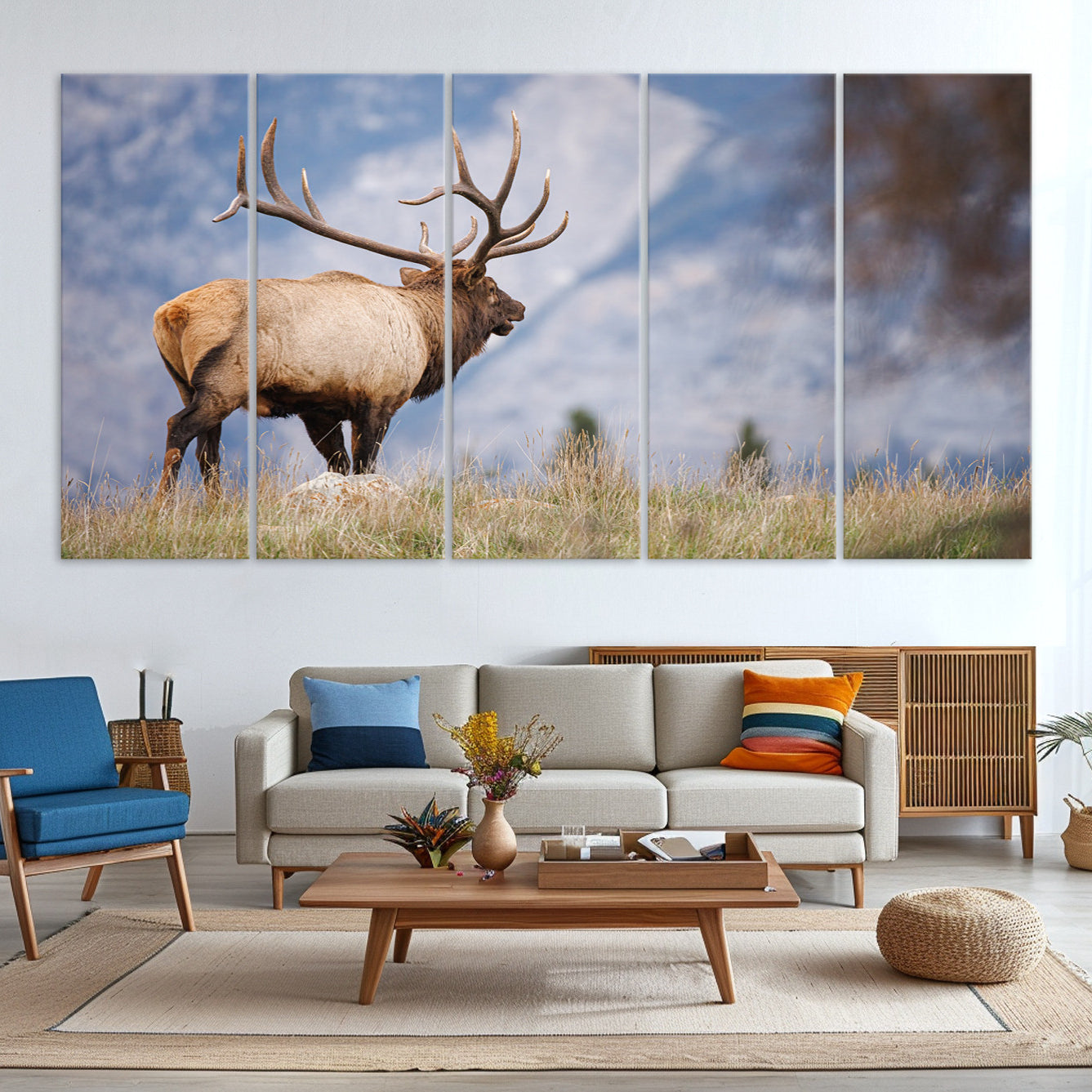 -Rustic Elk Wall Art Canvas Print, Wildlife Antler Print, Framed Western Hunting Lodge Art Print