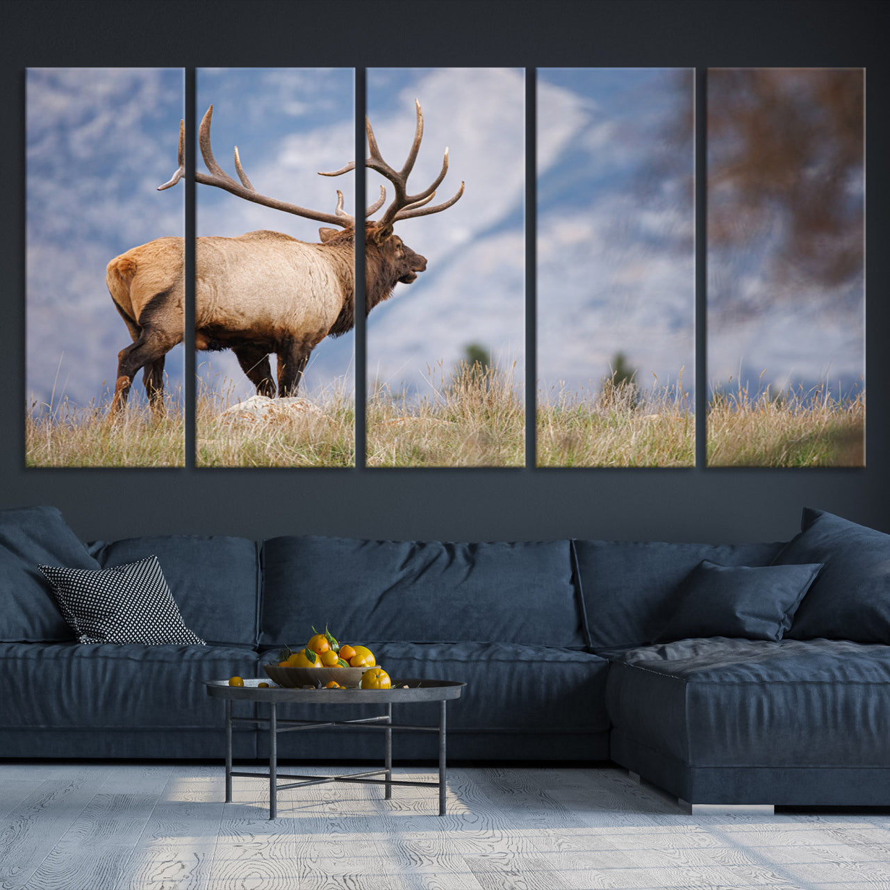 -Rustic Elk Wall Art Canvas Print, Wildlife Antler Print, Framed Western Hunting Lodge Art Print