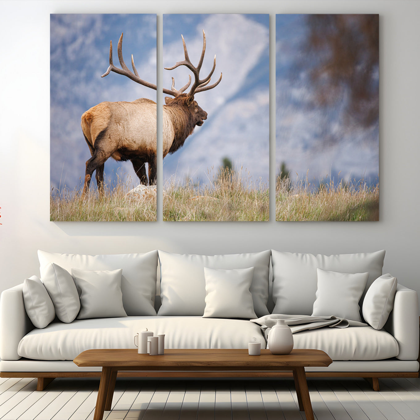 26365841-MGV-CV-48X32-3P-Rustic Elk Wall Art Canvas Print, Wildlife Antler Print, Framed Western Hunting Lodge Art Print