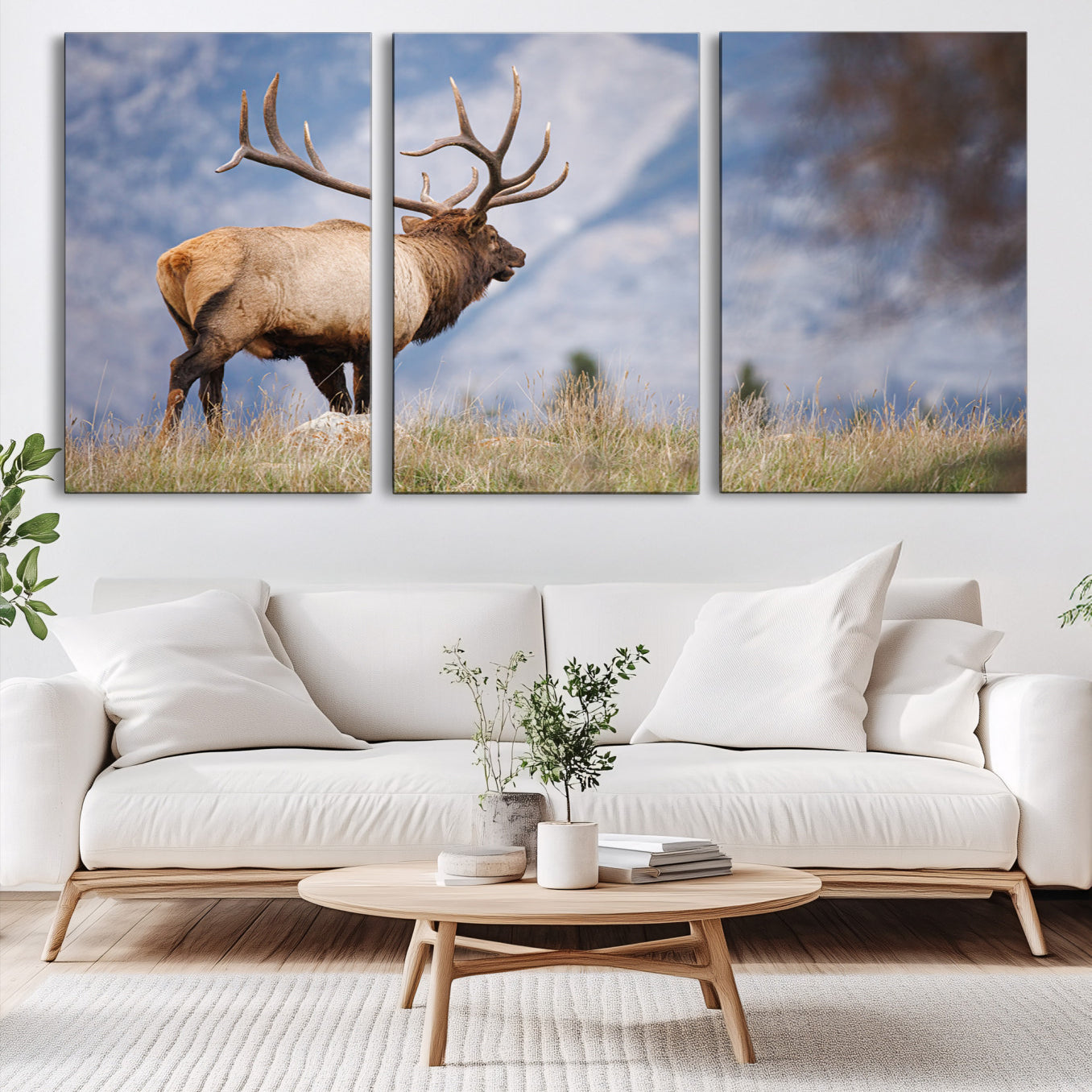 26365841-MGV-CV-60X30-3P-Rustic Elk Wall Art Canvas Print, Wildlife Antler Print, Framed Western Hunting Lodge Art Print