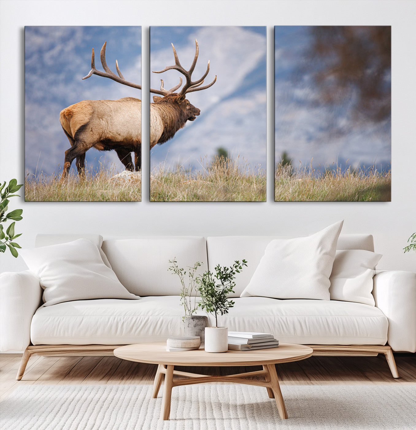 26365841-MGV-CV-60X30-3P-Rustic Elk Wall Art Canvas Print, Wildlife Antler Print, Framed Western Hunting Lodge Art Print