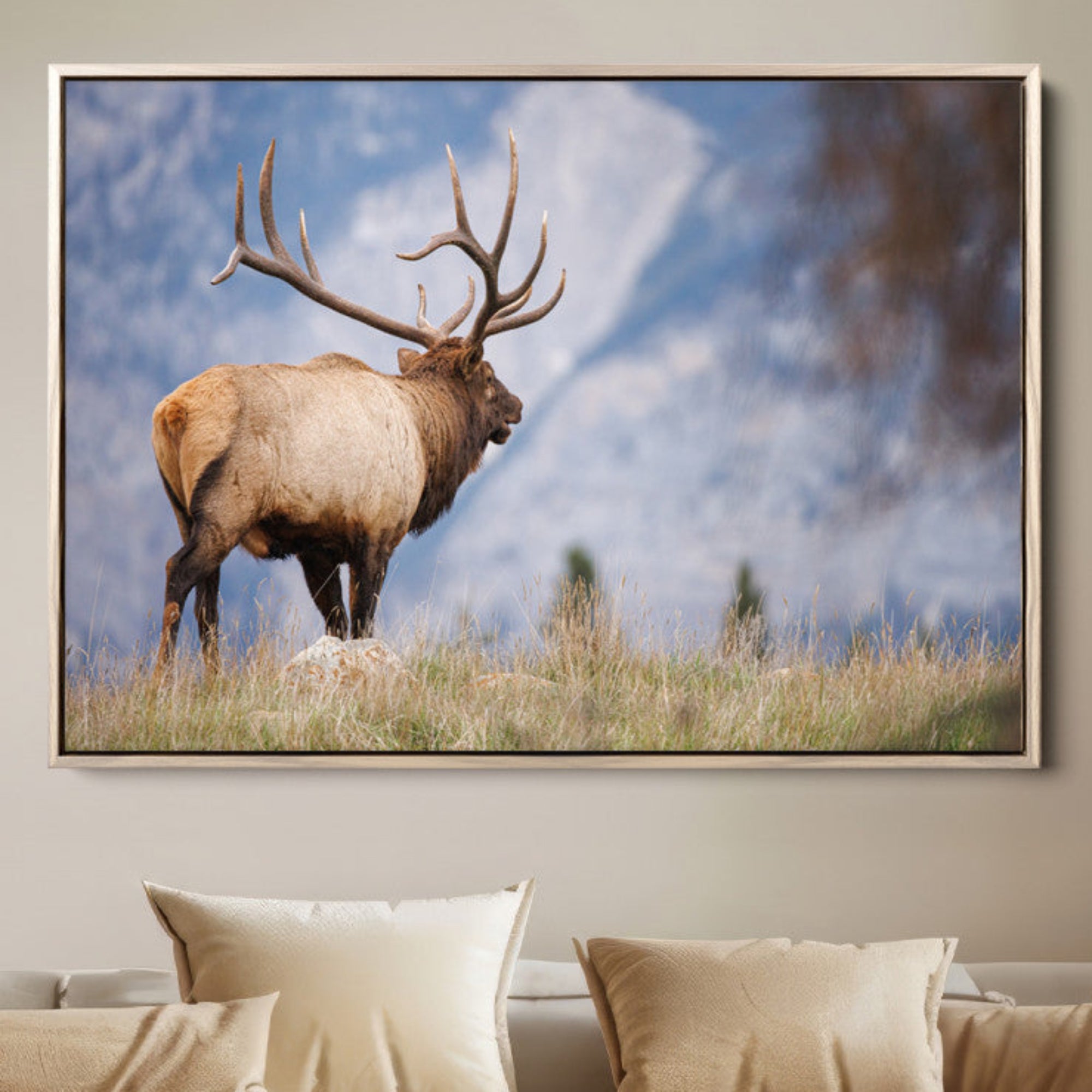 26365841-MGV-FC-36X24_Natural-Rustic Elk Wall Art Canvas Print – Framed Majestic Wildlife Scene with Antlered Elk Artwork for Home, Office, Living Room