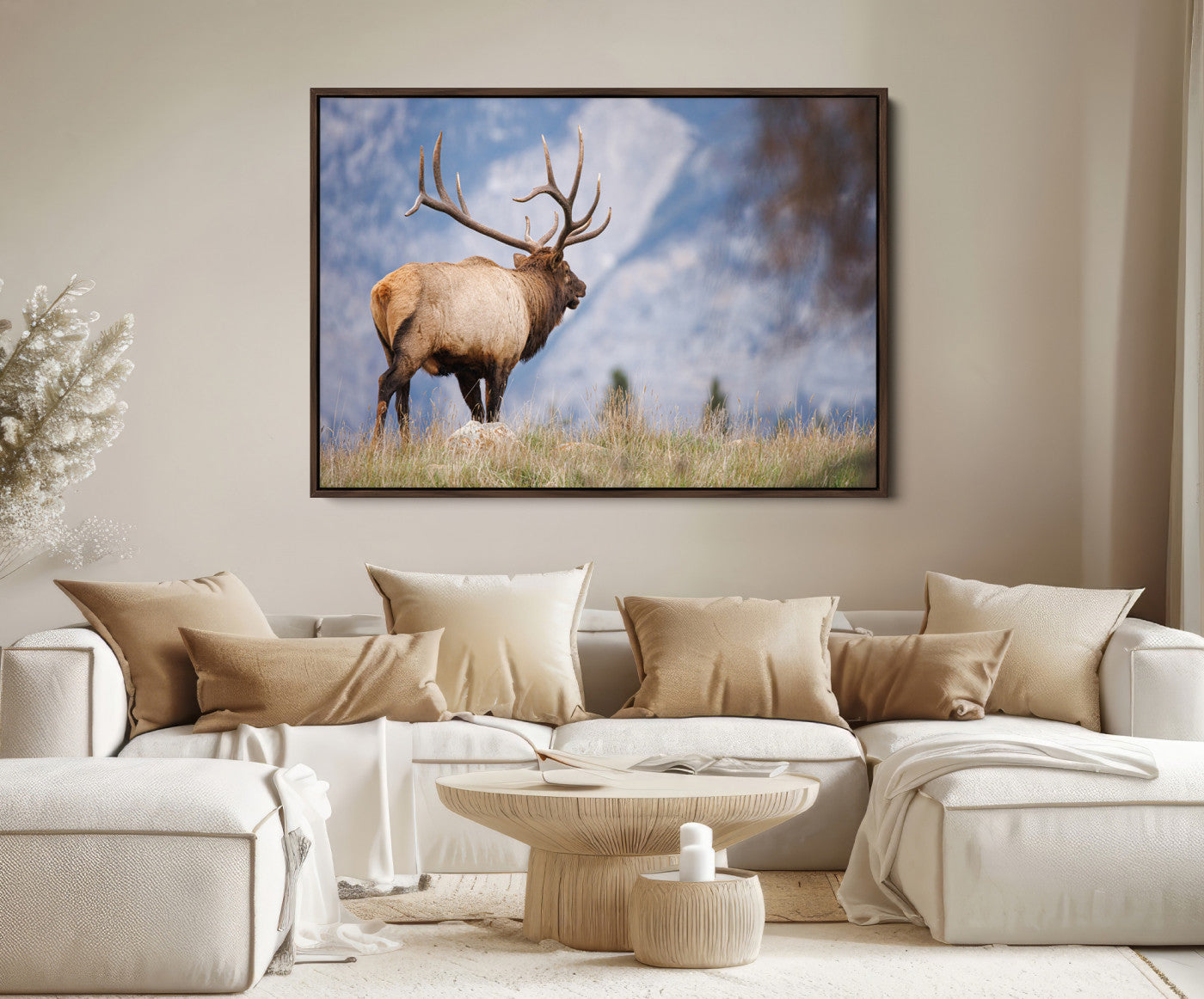 26365841-MGV-FC-36X24_Walnut-Rustic Elk Wall Art Canvas Print, Wildlife Antler Print, Framed Western Hunting Lodge Art Print