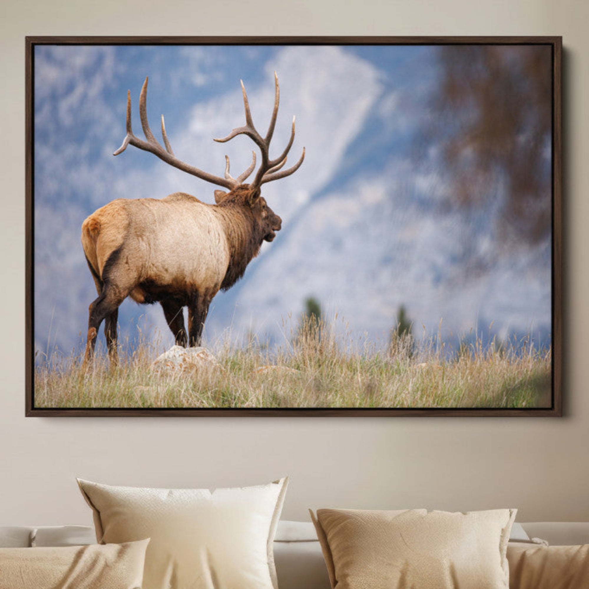 26365841-MGV-FC-36X24_Walnut-Rustic Elk Wall Art Canvas Print – Framed Majestic Wildlife Scene with Antlered Elk Artwork for Home, Office, Living Room