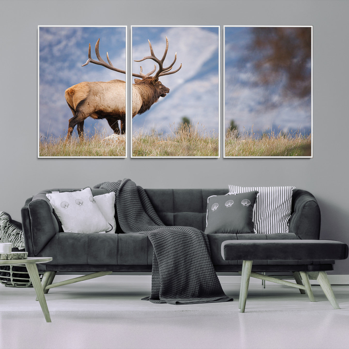 26365841-MGV-FC-60X30-3P_White-Rustic Elk Wall Art Canvas Print, Wildlife Antler Print, Framed Western Hunting Lodge Art Print