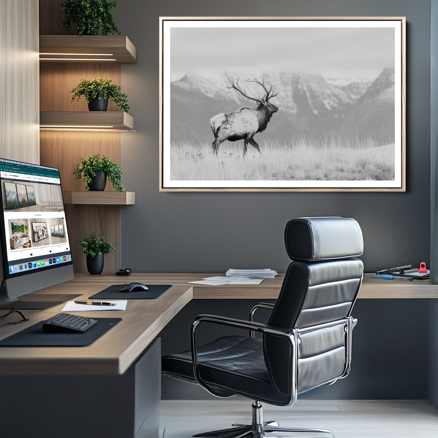 72817061-MGC-FP-36x24_Natural-Rustic Elk Wall Art Canvas Print, Wildlife Antler Print, Framed Western Hunting Lodge Art Print, Large Mountain Nature Scene Printing