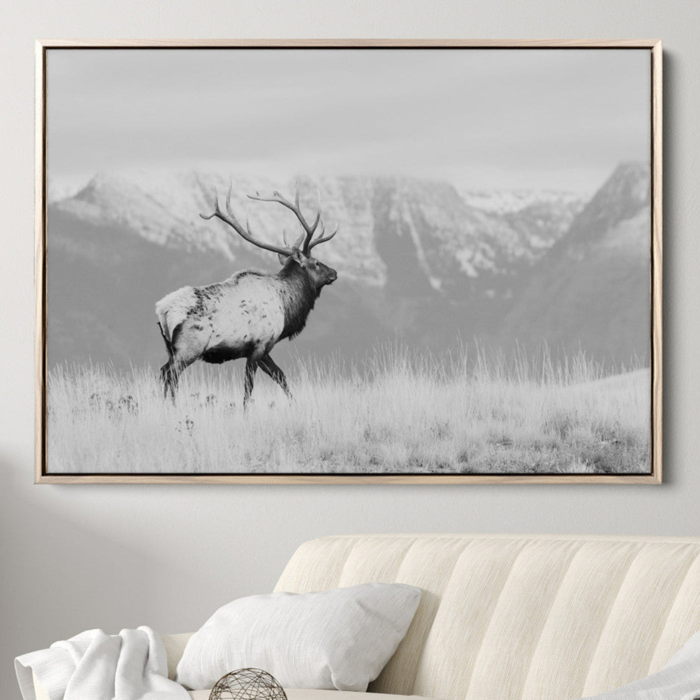 72817061-MGV-CV-36X24-Rustic Elk Wall Art Canvas Print, Wildlife Antler Print, Framed Western Hunting Lodge Art Print, Large Mountain Nature Scene Printing