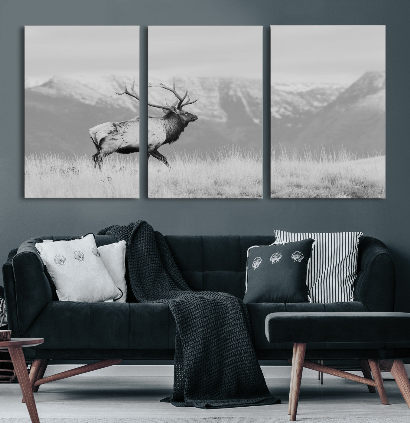 72817061-MGV-CV-36X24-Rustic Elk Wall Art Canvas Print, Wildlife Antler Print, Framed Western Hunting Lodge Art Print, Large Mountain Nature Scene Printing