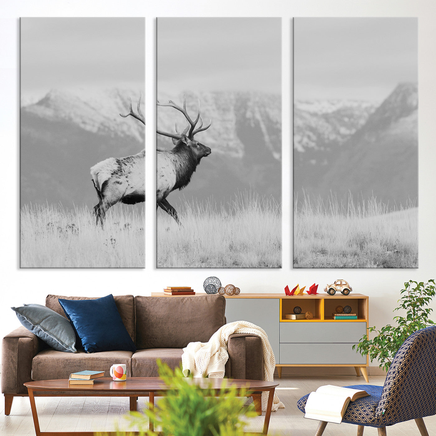 72817061-MGV-CV-36X24-Rustic Elk Wall Art Canvas Print, Wildlife Antler Print, Framed Western Hunting Lodge Art Print, Large Mountain Nature Scene Printing