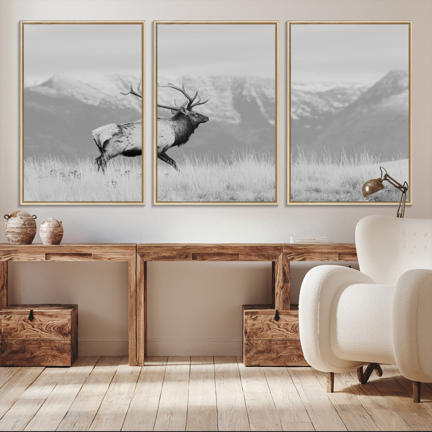 72817061-MGV-CV-36X24-Rustic Elk Wall Art Canvas Print, Wildlife Antler Print, Framed Western Hunting Lodge Art Print, Large Mountain Nature Scene Printing