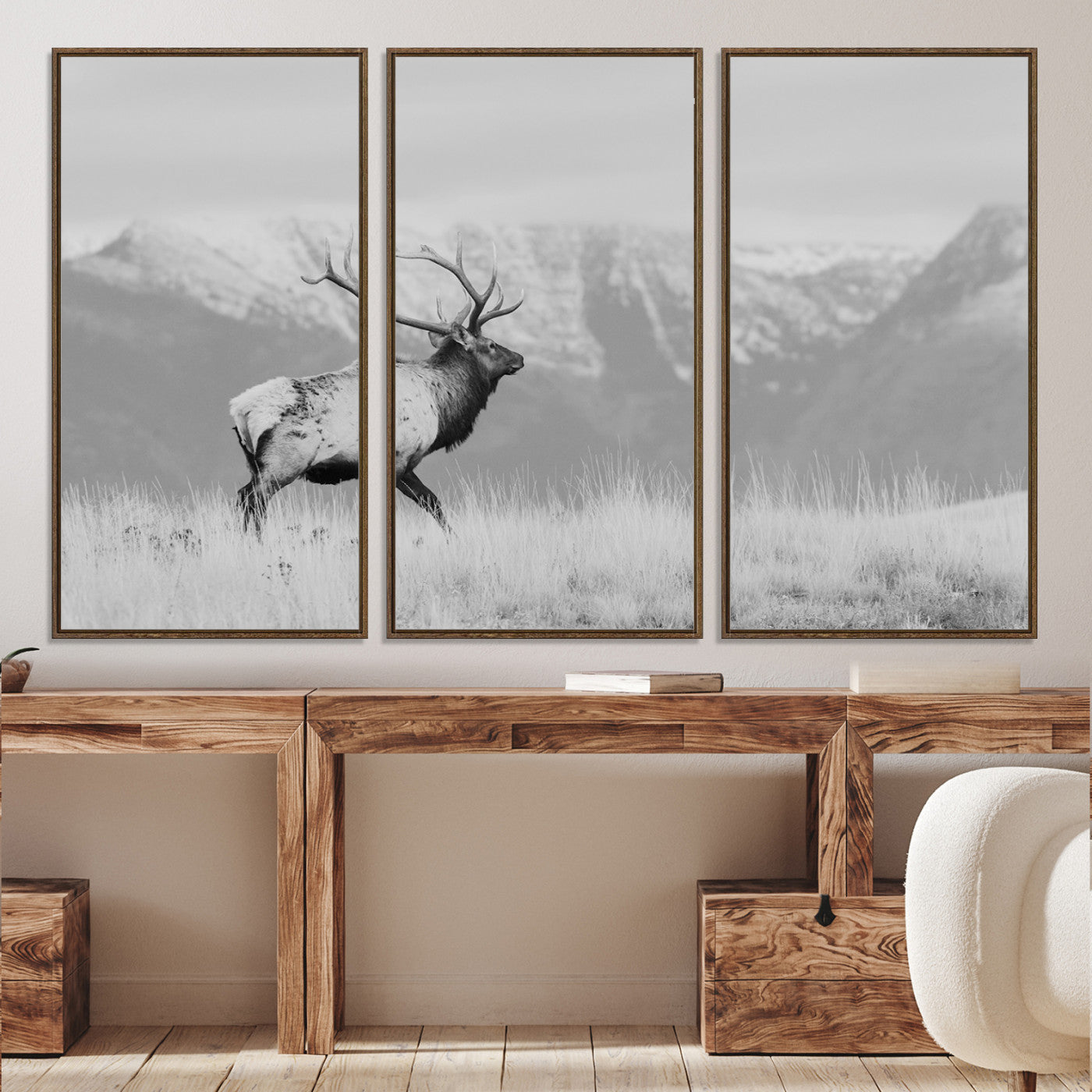 72817061-MGV-CV-36X24-Rustic Elk Wall Art Canvas Print, Wildlife Antler Print, Framed Western Hunting Lodge Art Print, Large Mountain Nature Scene Printing