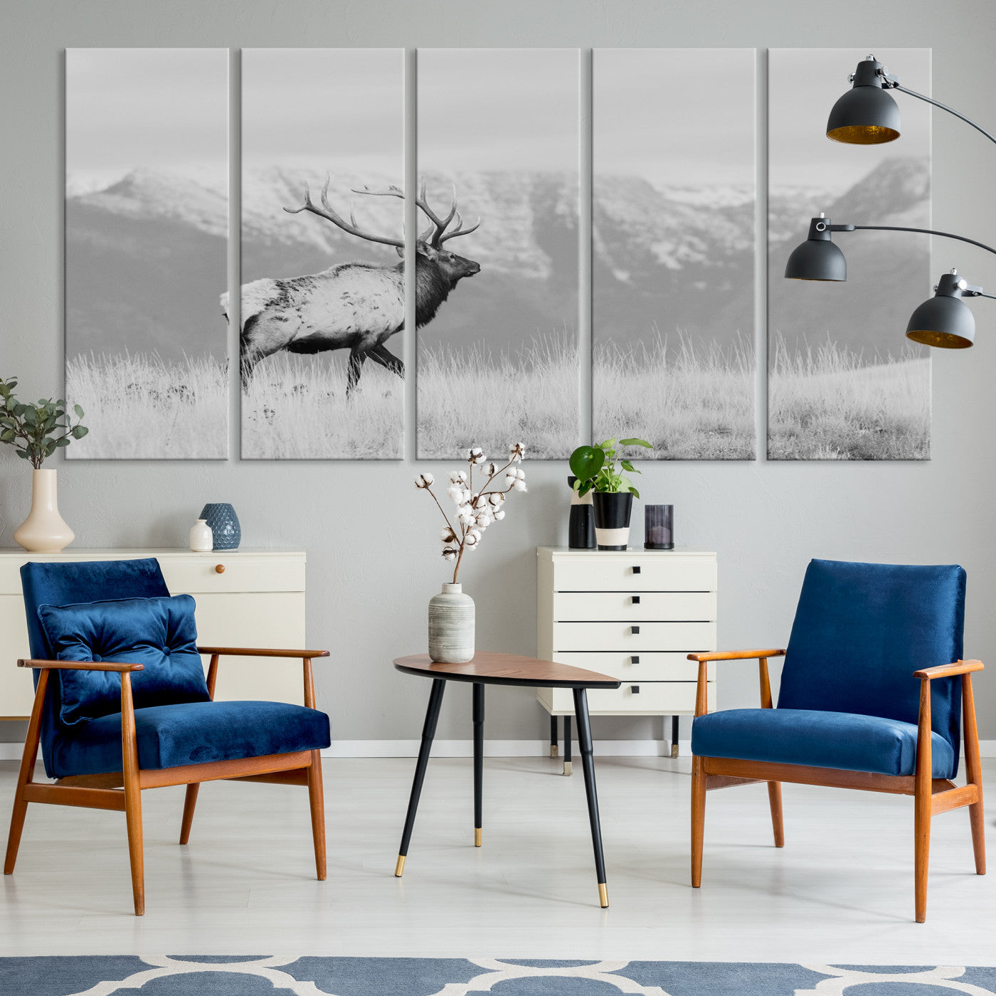 72817061-MGV-CV-36X24-Rustic Elk Wall Art Canvas Print, Wildlife Antler Print, Framed Western Hunting Lodge Art Print, Large Mountain Nature Scene Printing