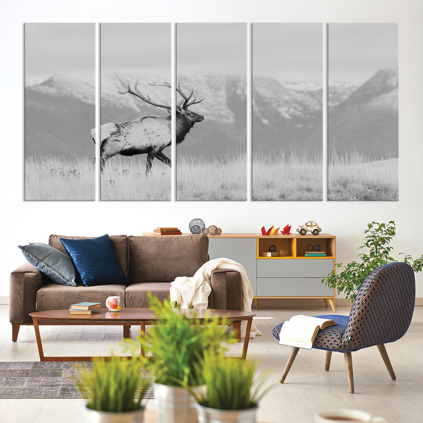 72817061-MGV-CV-60X31-5P-Rustic Elk Wall Art Canvas Print, Wildlife Antler Print, Framed Western Hunting Lodge Art Print, Large Mountain Nature Scene Printing