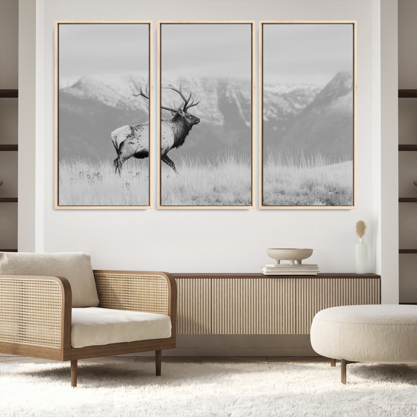 72817061-MGV-FC-48X32-3P_Natural-Rustic Elk Wall Art Canvas Print, Wildlife Antler Print, Framed Western Hunting Lodge Art Print, Large Mountain Nature Scene Printing