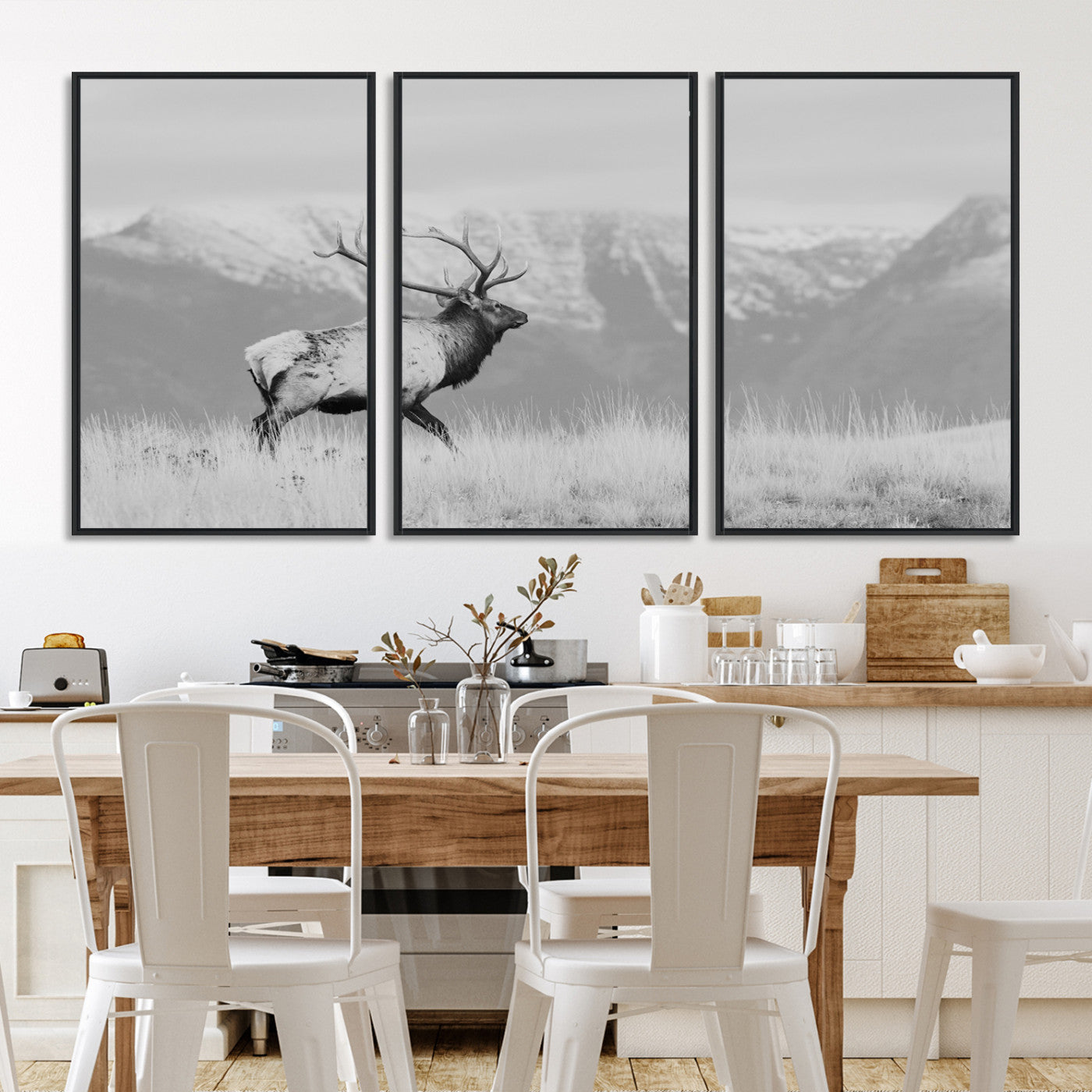 72817061-MGV-FC-60X30-3P_Black-Rustic Elk Wall Art Canvas Print, Wildlife Antler Print, Framed Western Hunting Lodge Art Print, Large Mountain Nature Scene Printing