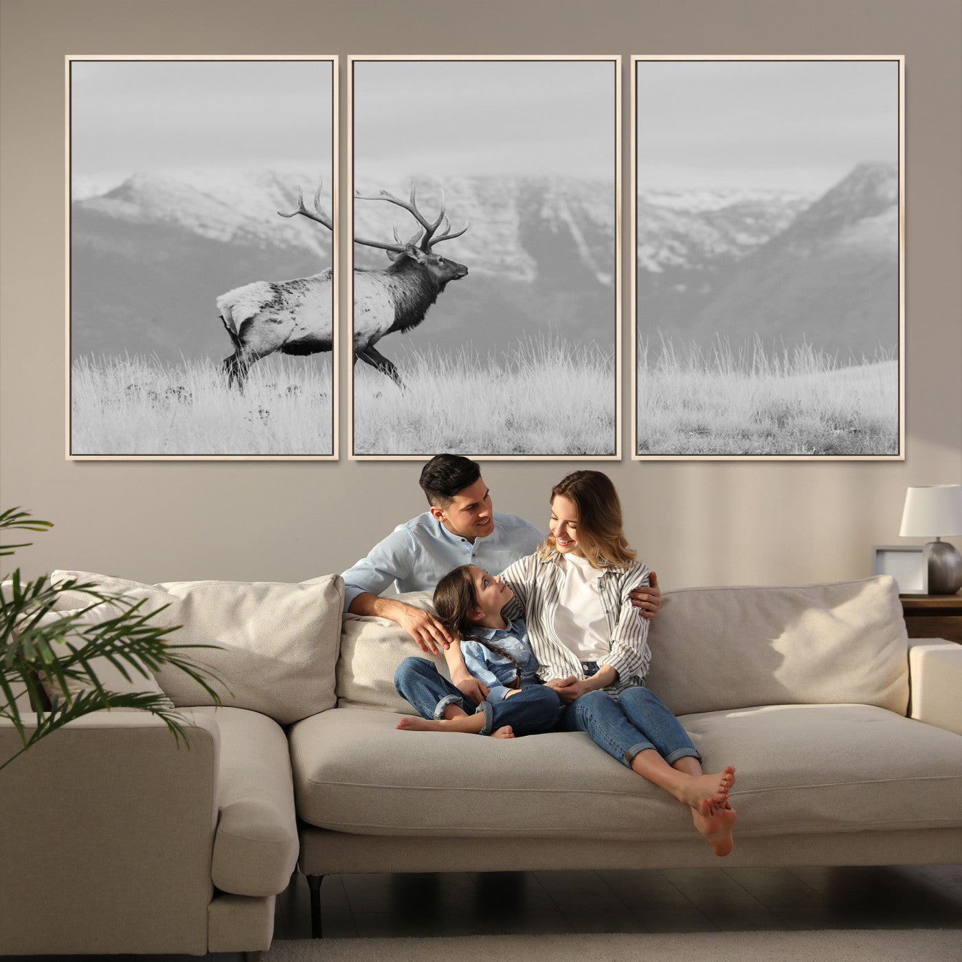 72817061-MGV-FC-60X30-3P_Natural-Rustic Elk Wall Art Canvas Print, Wildlife Antler Print, Framed Western Hunting Lodge Art Print, Large Mountain Nature Scene Printing