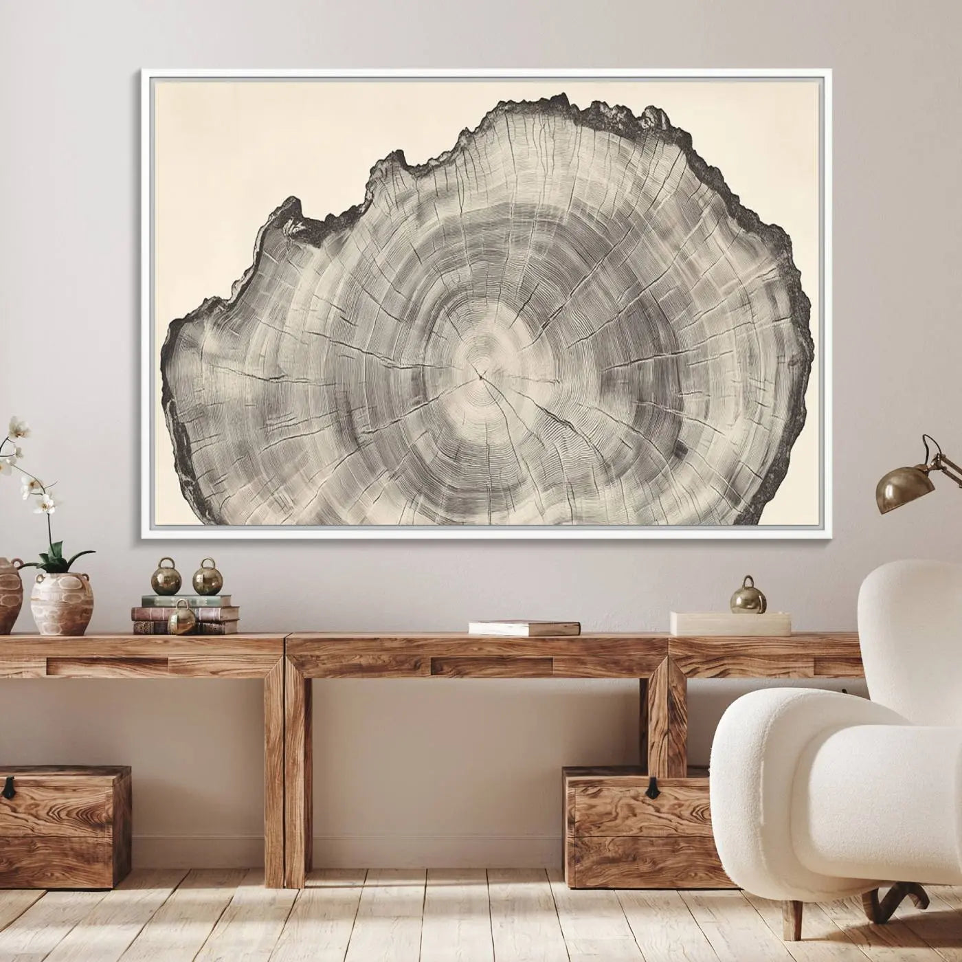 32943-MGV-FC-36X24_White-Rustic Tree Ring Wall Art - Nature Wood Style Canvas Print - Minimalist Framed Artwork for Modern or