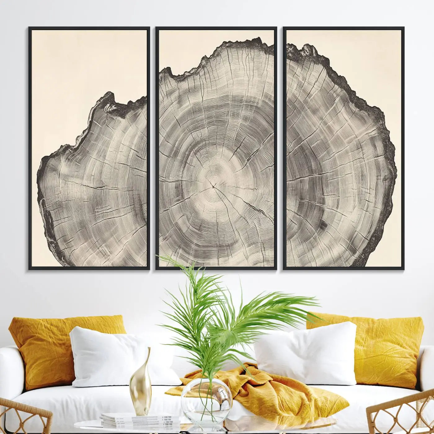 32943-MGV-FC-48X32-3P_Black-Rustic Tree Ring Wall Art - Nature Wood Style Canvas Print - Minimalist Framed Artwork for Modern or