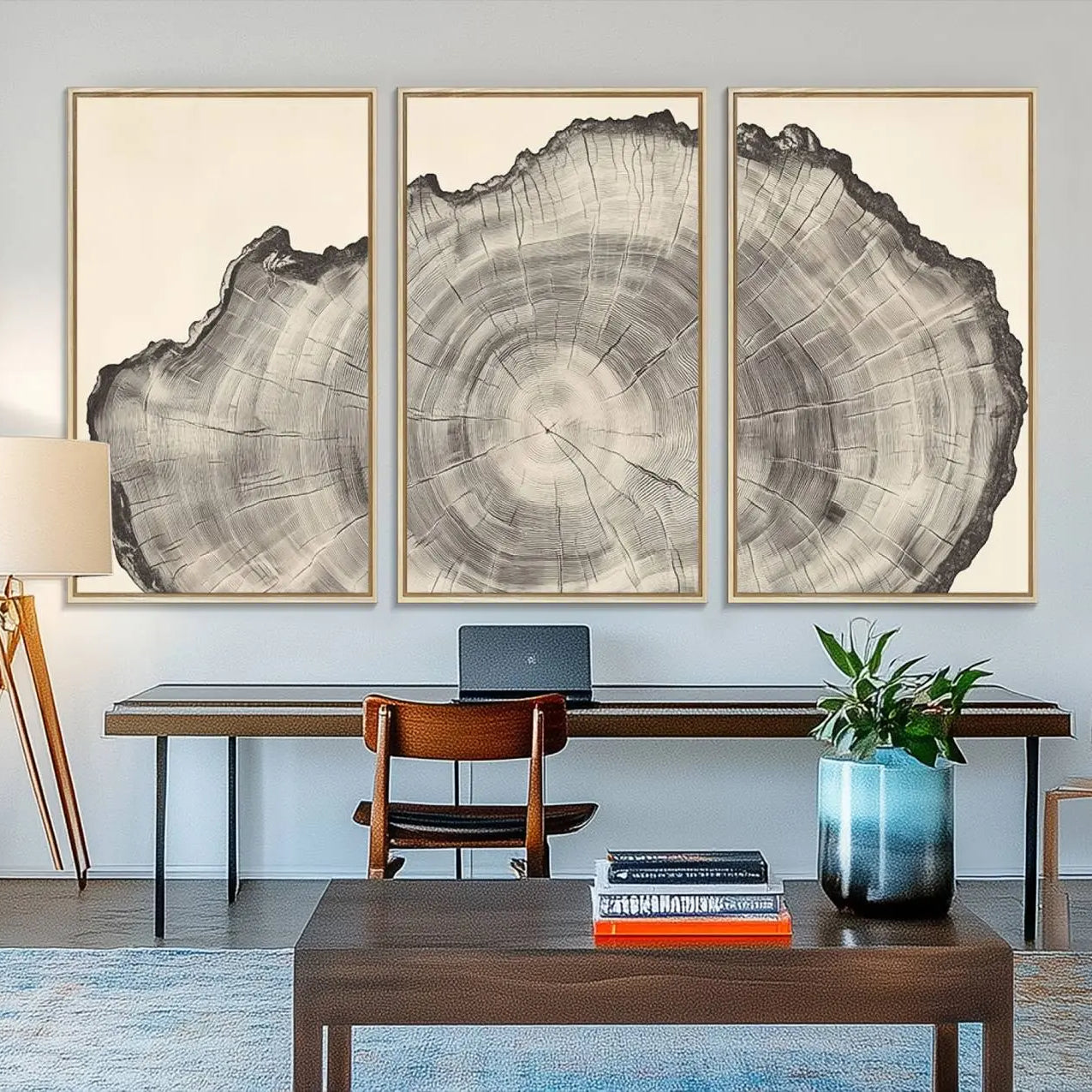 32943-MGV-FC-48X32-3P_Natural-Rustic Tree Ring Wall Art - Nature Wood Style Canvas Print - Minimalist Framed Artwork for Modern or