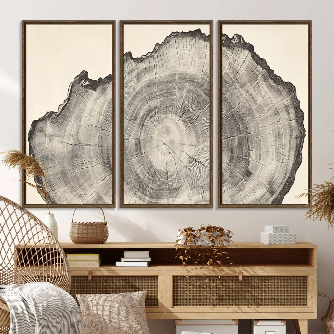 32943-MGV-FC-48X32-3P_Walnut-Rustic Tree Ring Wall Art Canvas Print – Nature Wood Grain Minimalist Framed Artwork for Modern Home, Office Decor