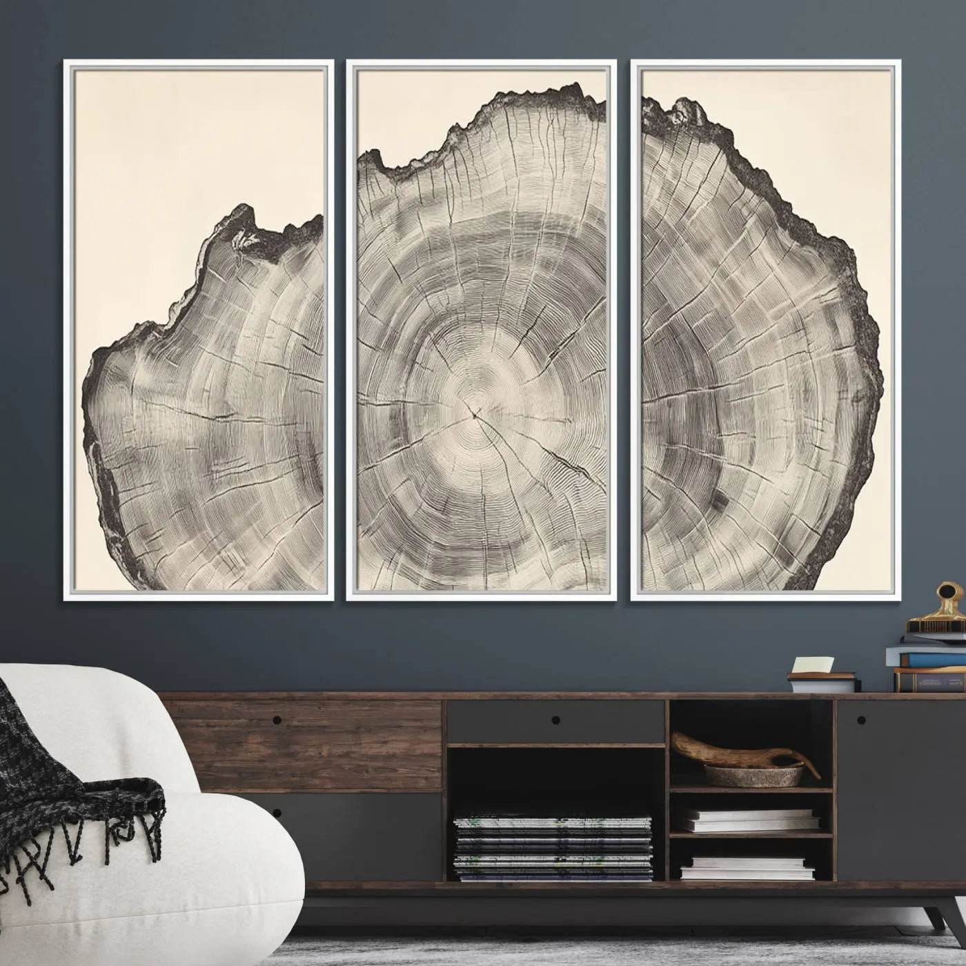 32943-MGV-FC-48X32-3P_White-Rustic Tree Ring Wall Art - Nature Wood Style Canvas Print - Minimalist Framed Artwork for Modern or