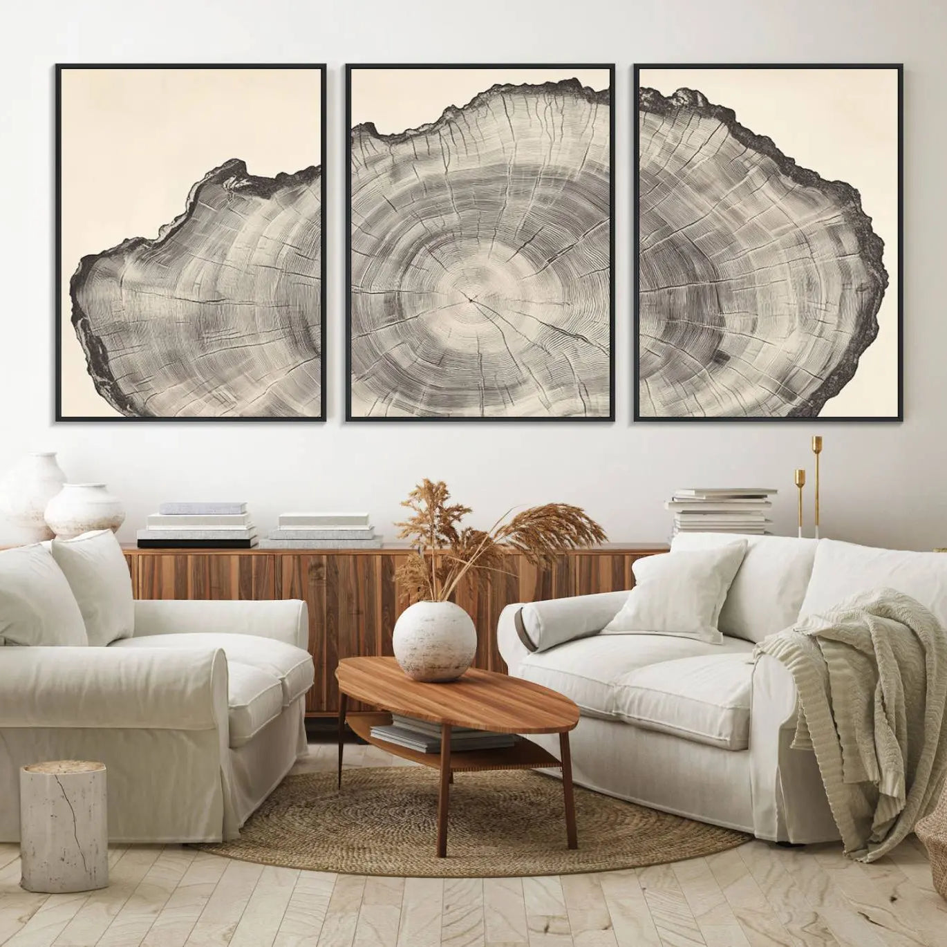 32943-MGV-FC-60X30-3P_Black-Rustic Tree Ring Wall Art - Nature Wood Style Canvas Print - Minimalist Framed Artwork for Modern or