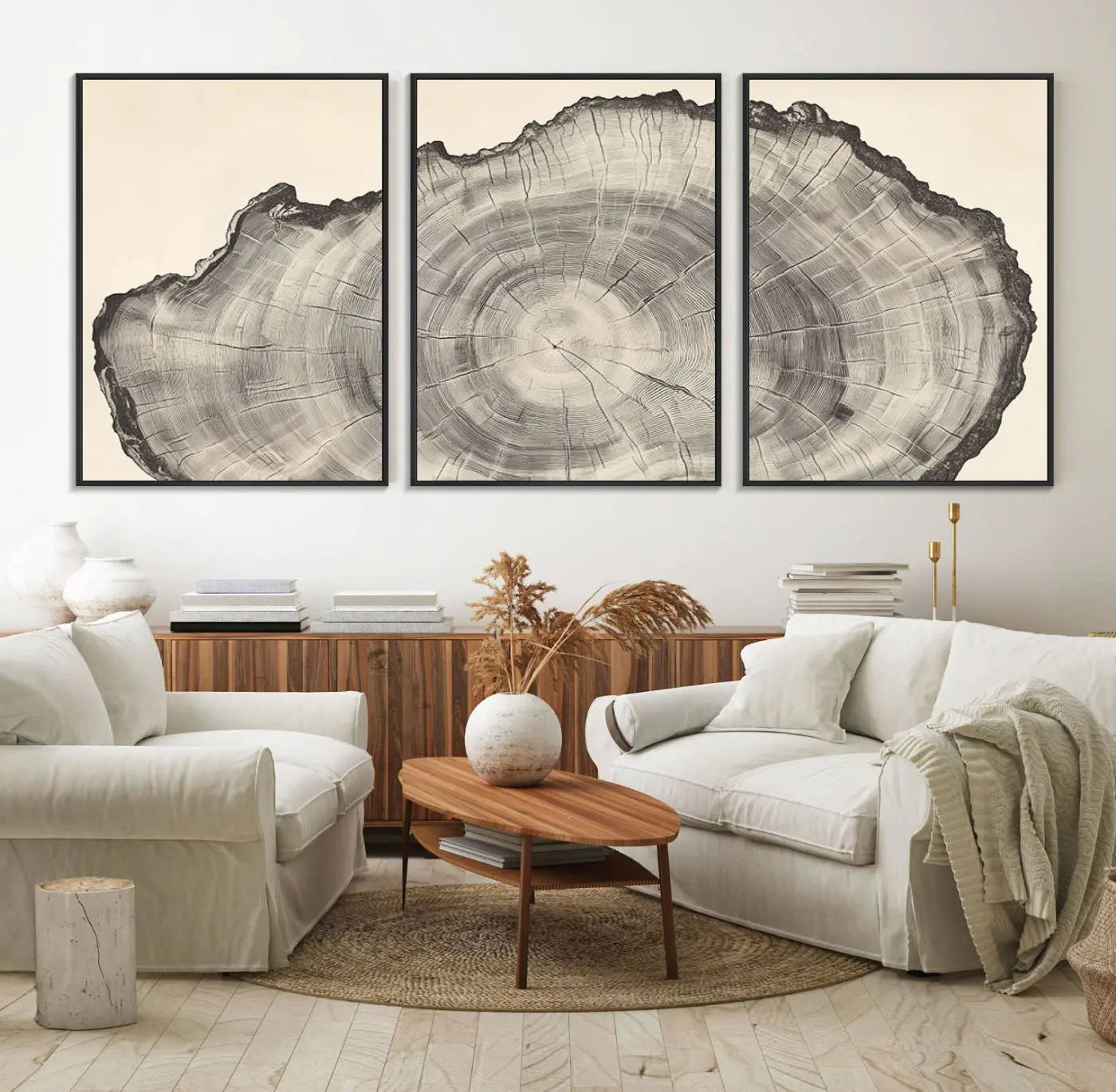 32943-MGV-FC-60X30-3P_Black-Rustic Tree Ring Wall Art Canvas Print – Nature Wood Grain Minimalist Framed Artwork for Modern Home, Office Decor