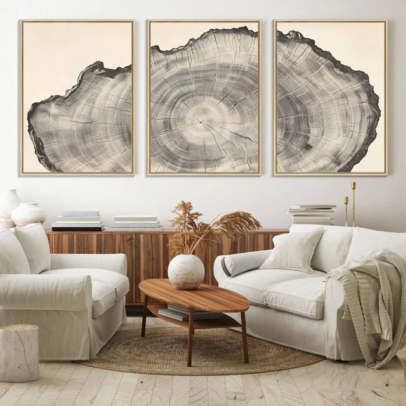 32943-MGV-FC-60X30-3P_Natural-Rustic Tree Ring Wall Art - Nature Wood Style Canvas Print - Minimalist Framed Artwork for Modern or