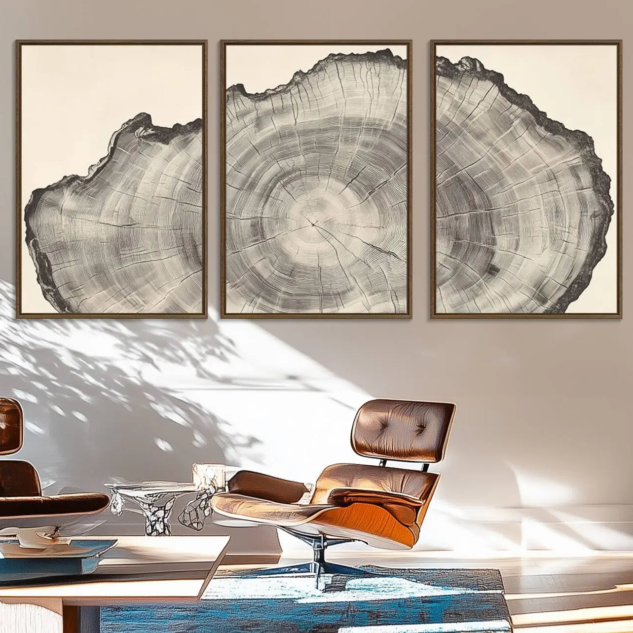 32943-MGV-FC-60X30-3P_Walnut-Rustic Tree Ring Wall Art - Nature Wood Style Canvas Print - Minimalist Framed Artwork for Modern or
