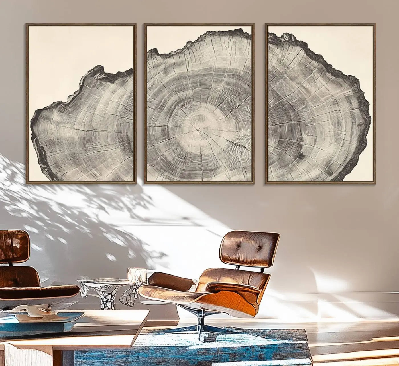 32943-MGV-FC-60X30-3P_Walnut-Rustic Tree Ring Wall Art Canvas Print – Nature Wood Grain Minimalist Framed Artwork for Modern Home, Office Decor