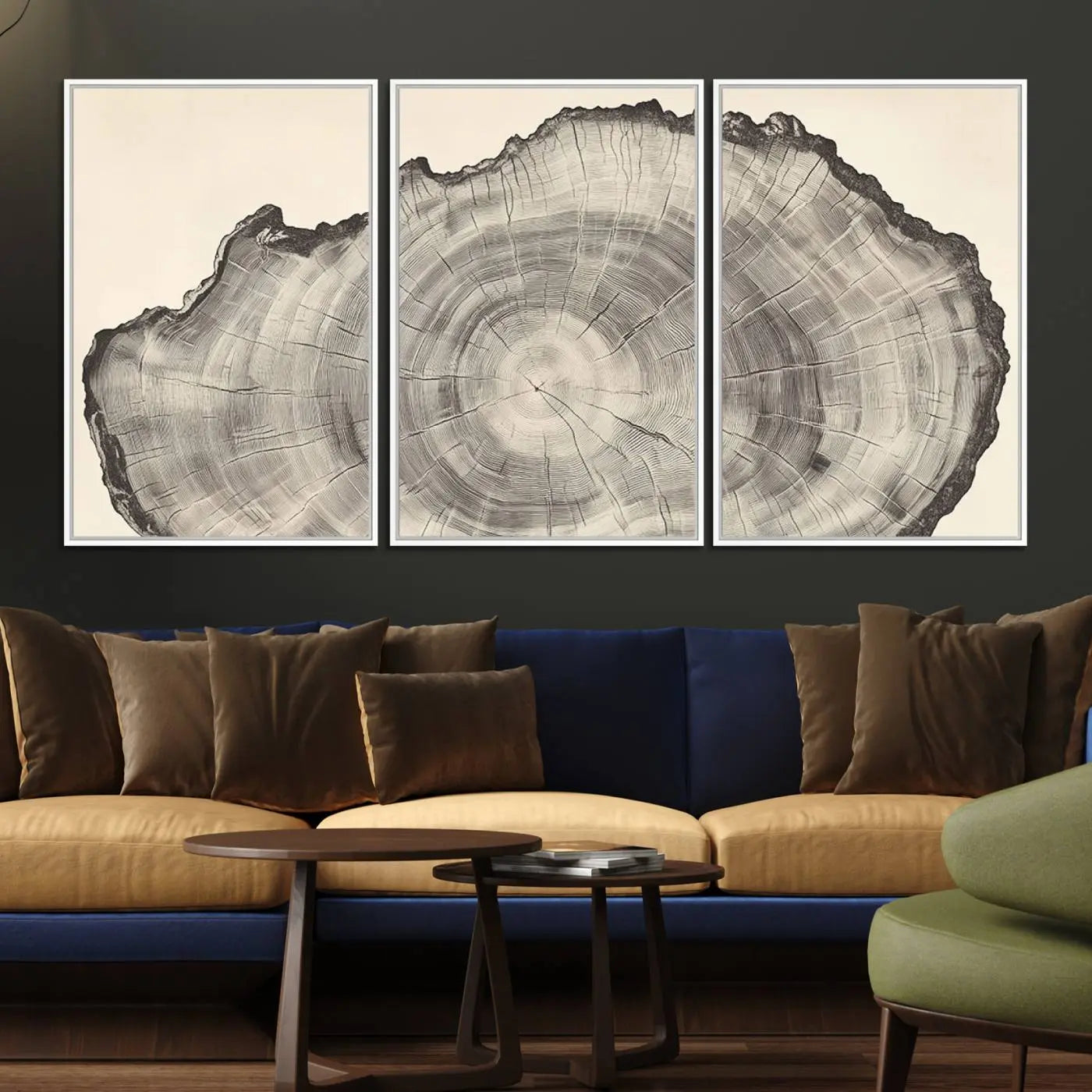 32943-MGV-FC-60X30-3P_White-Rustic Tree Ring Wall Art - Nature Wood Style Canvas Print - Minimalist Framed Artwork for Modern or
