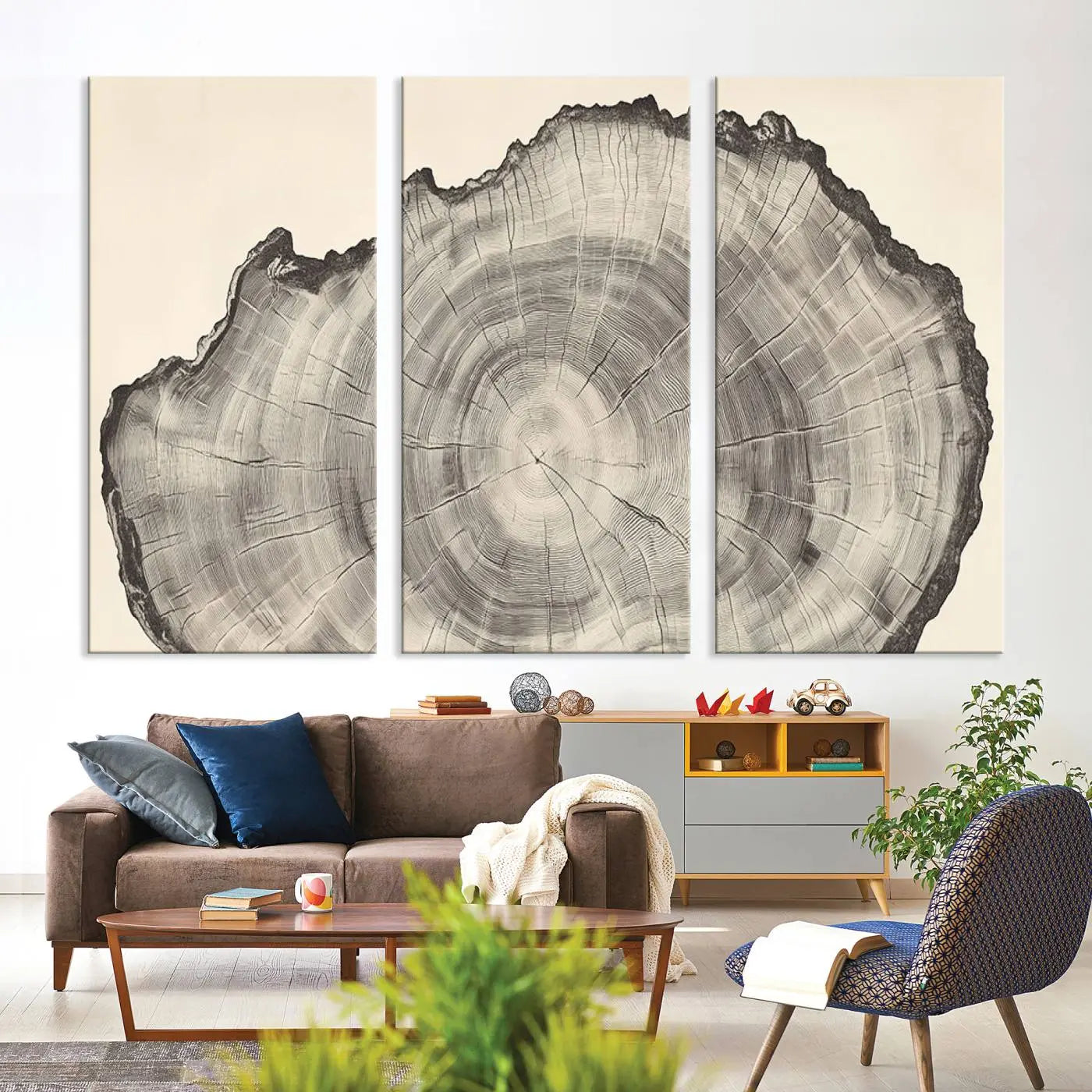-Rustic Tree Ring Wall Art - Nature Wood Style Canvas Print - Minimalist Framed Artwork for Modern or