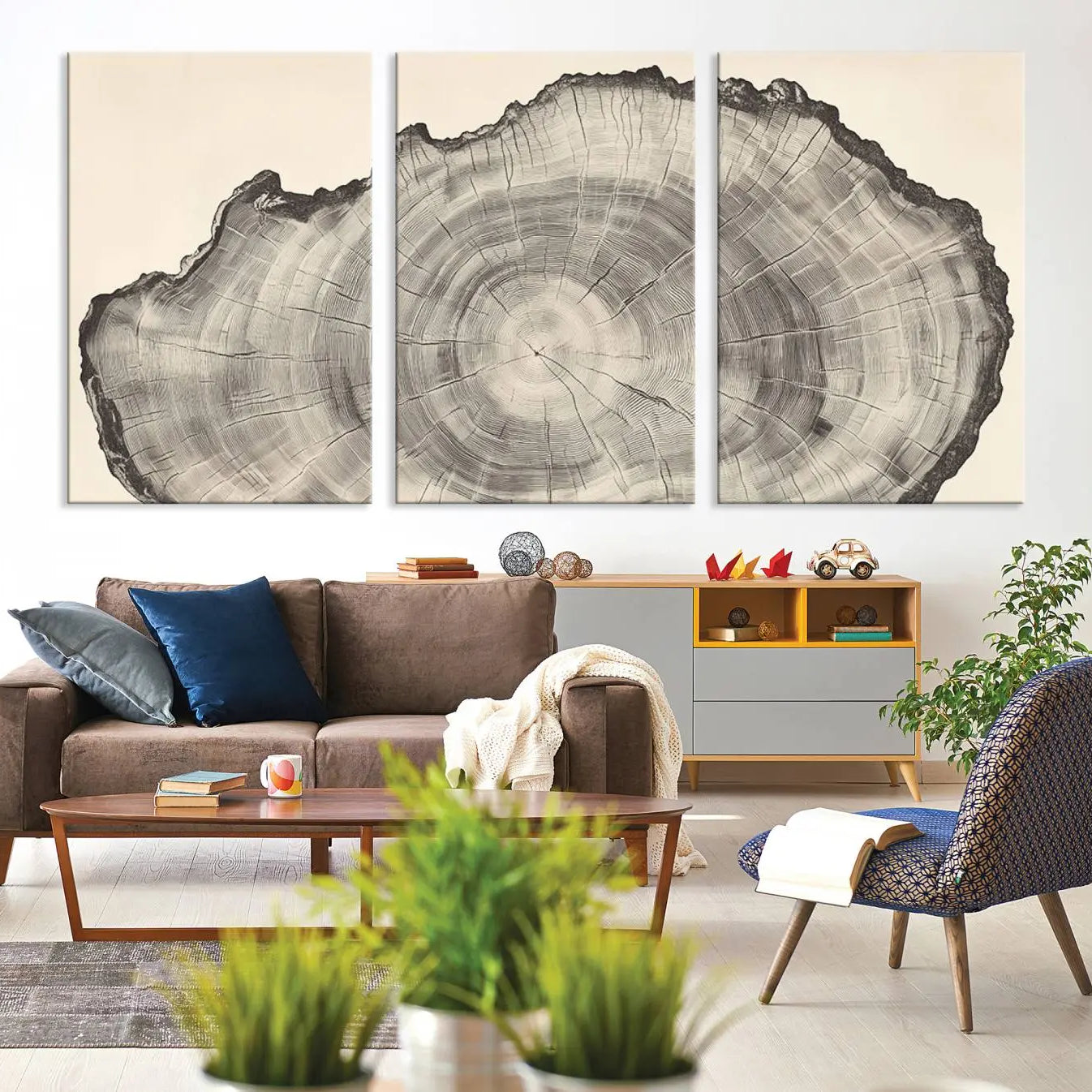 -Rustic Tree Ring Wall Art - Nature Wood Style Canvas Print - Minimalist Framed Artwork for Modern or