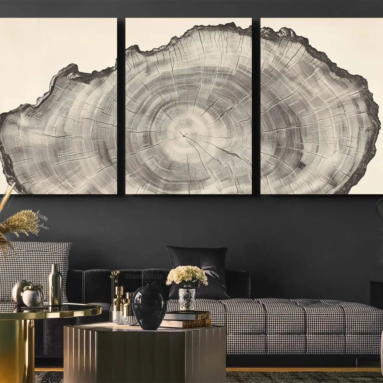 -Rustic Tree Ring Wall Art - Nature Wood Style Canvas Print - Minimalist Framed Artwork for Modern or