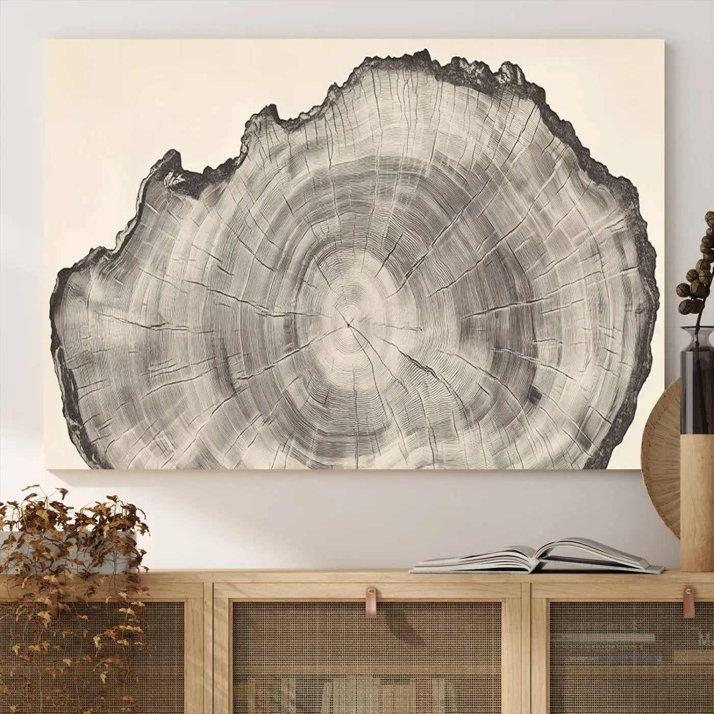 -Rustic Tree Ring Wall Art - Nature Wood Style Canvas Print - Minimalist Framed Artwork for Modern or