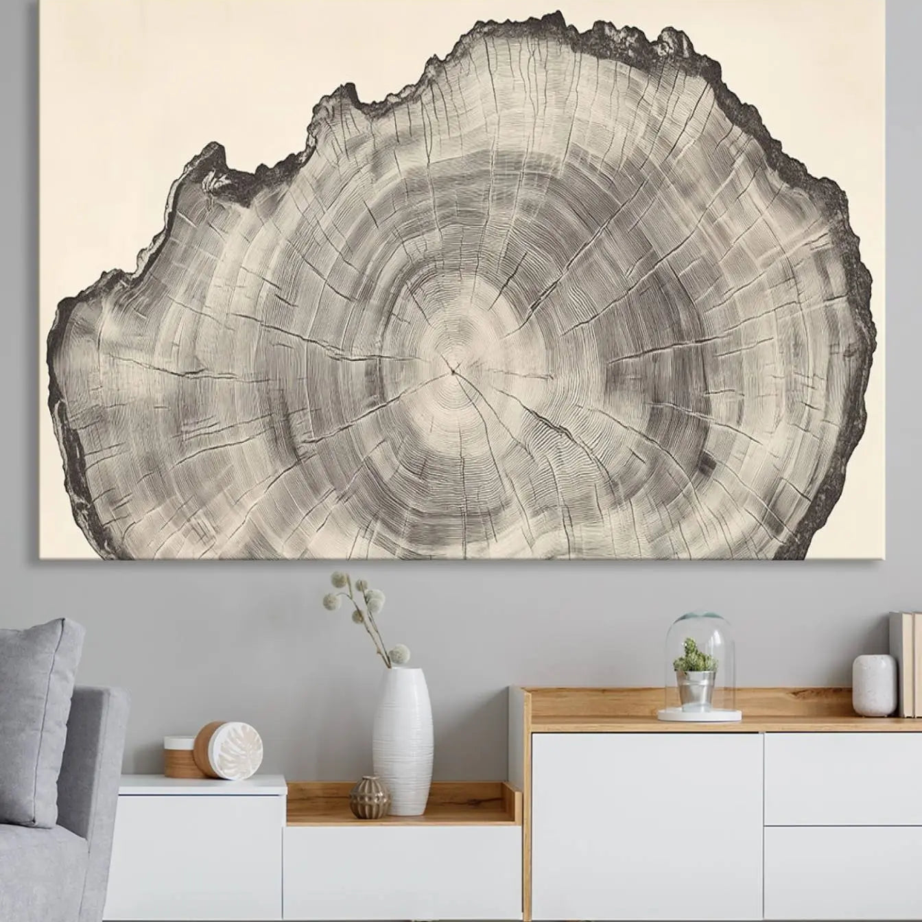 -Rustic Tree Ring Wall Art - Nature Wood Style Canvas Print - Minimalist Framed Artwork for Modern or