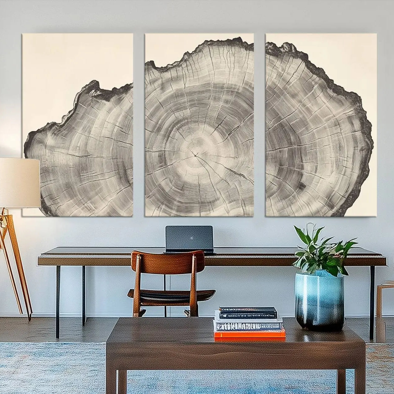 32943-MGV-CV-48X32-3P-Rustic Tree Ring Wall Art - Nature Wood Style Canvas Print - Minimalist Framed Artwork for Modern or