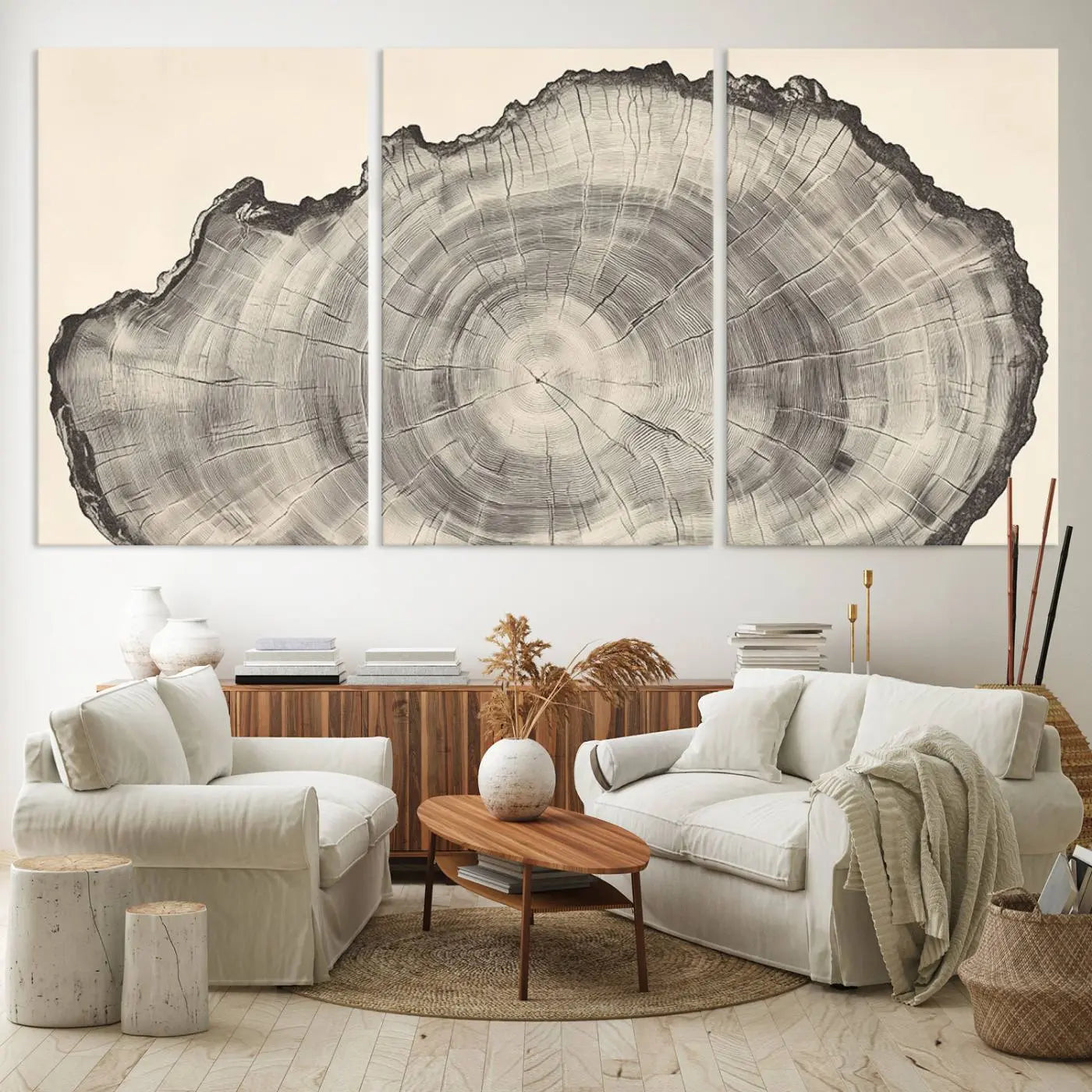 32943-MGV-CV-60X30-3P-Rustic Tree Ring Wall Art - Nature Wood Style Canvas Print - Minimalist Framed Artwork for Modern or