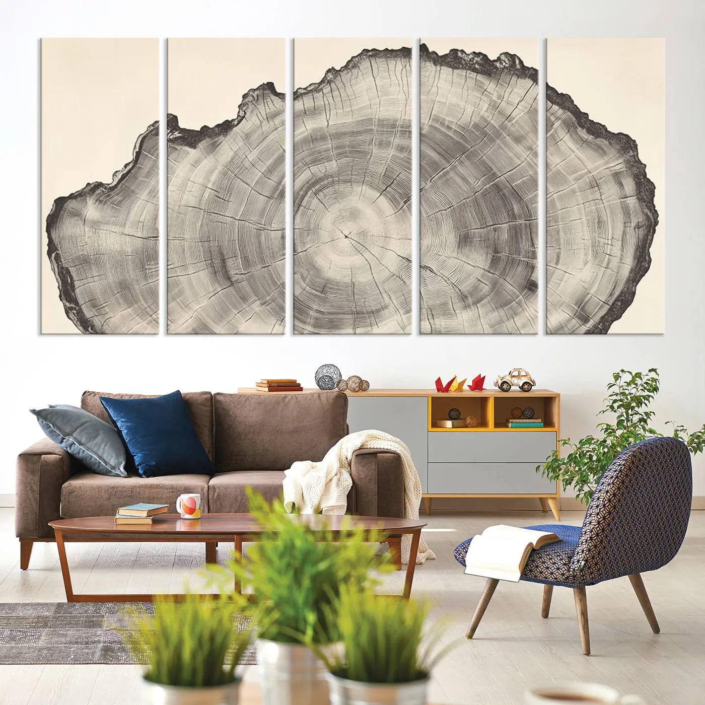 32943-MGV-CV-60X31-5P-Rustic Tree Ring Wall Art - Nature Wood Style Canvas Print - Minimalist Framed Artwork for Modern or