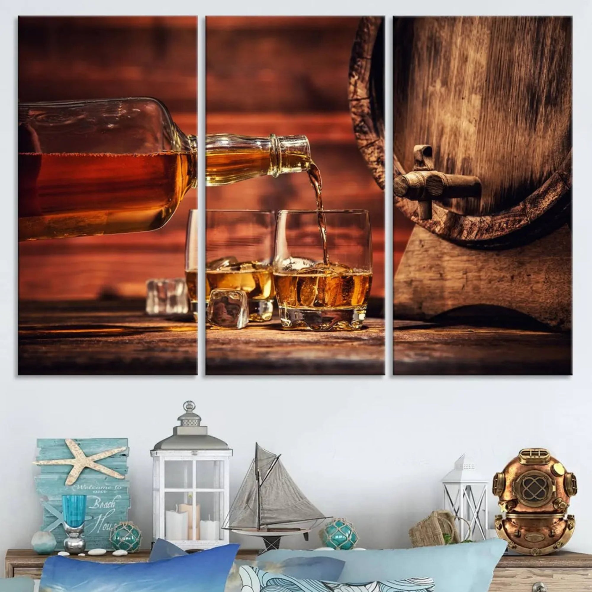 21266-MGV-CV-48X32-3P-Scotch Whiskey Barrel Cigar Bourbon Wall Art, Scotch Whiskey Cigar Wall Art Canvas Print