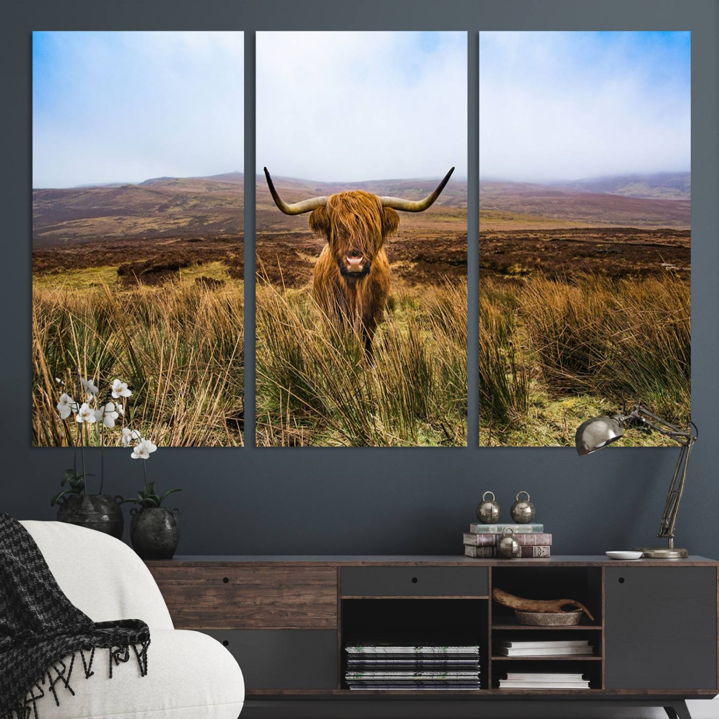 36762-MGV-CV-48X32-3P-Scottish Highland Cow Cattle Art Canvas Print Farmhouse Wall Art Canvas Print