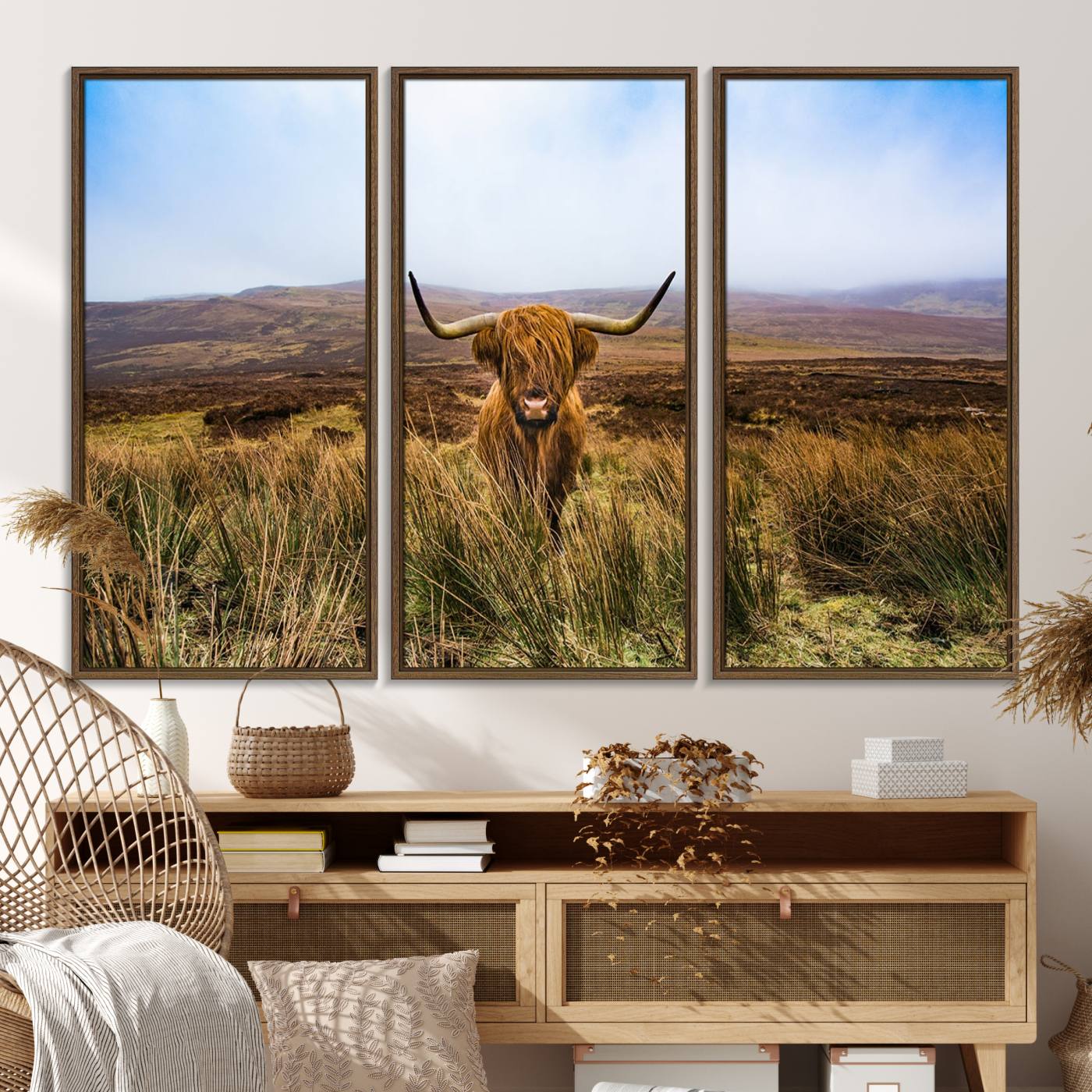 36762-MGV-FC-48X32-3P_Walnut-Scottish Highland Cow Cattle Art Canvas Print Farmhouse Wall Art Canvas Print
