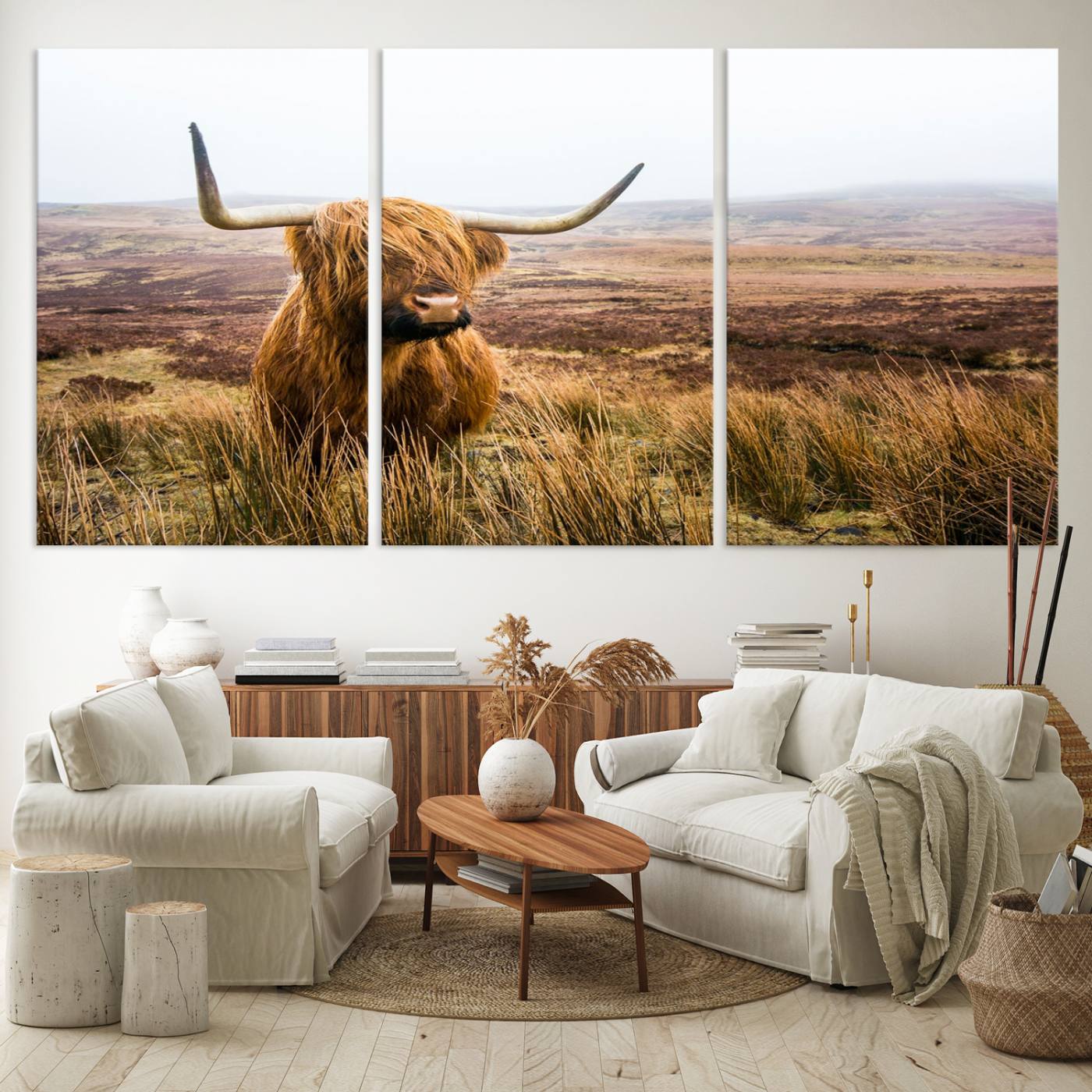 79391-MGV-CV-60X30-3P-Scottish Highland Cow Cattle Art Print Farmhouse Wall Art Canvas Print