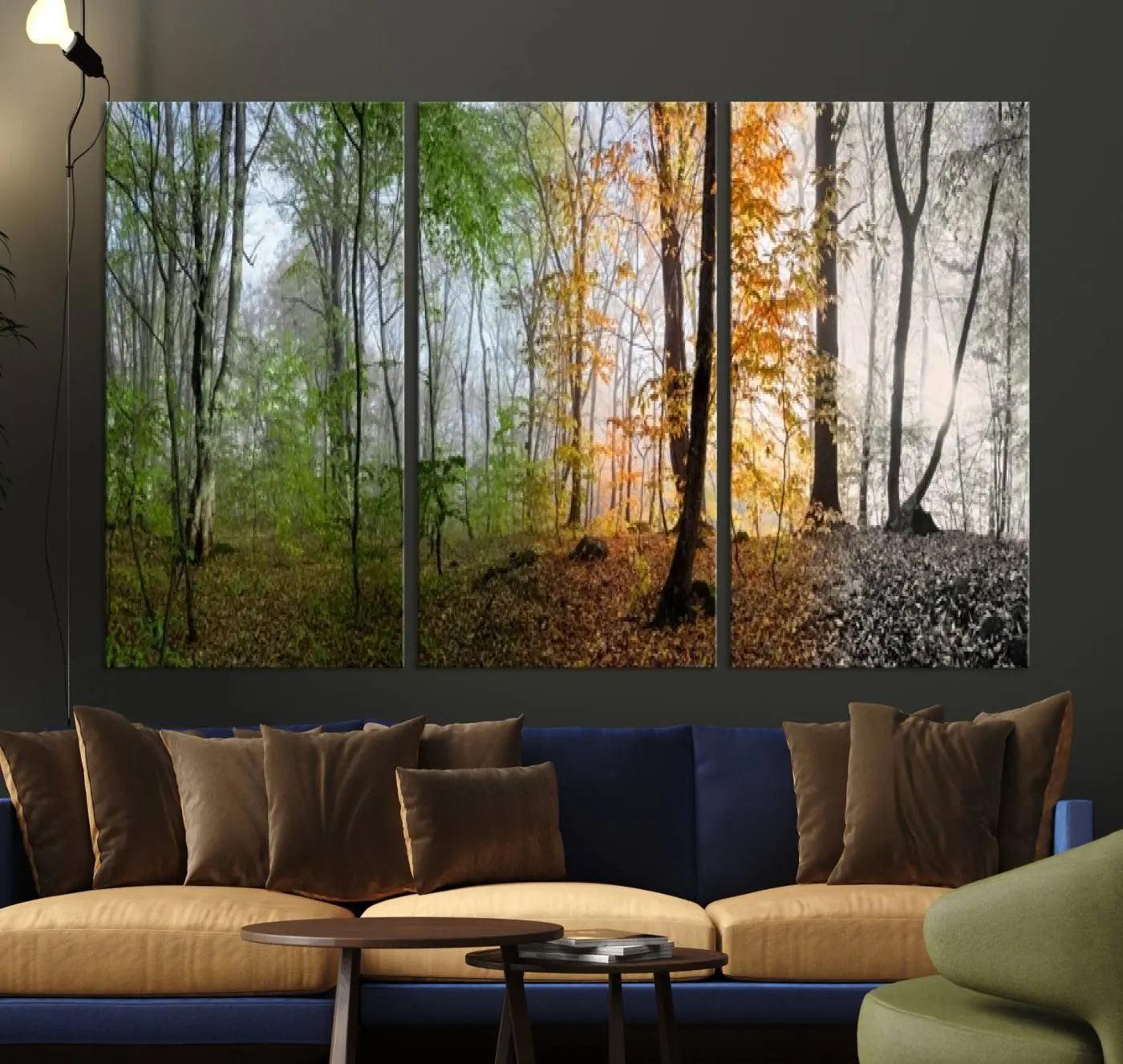 -Seasonal Forest Canvas Wall Art Print - Changing Seasons in Nature Triptych - Ready to Hang Woodland