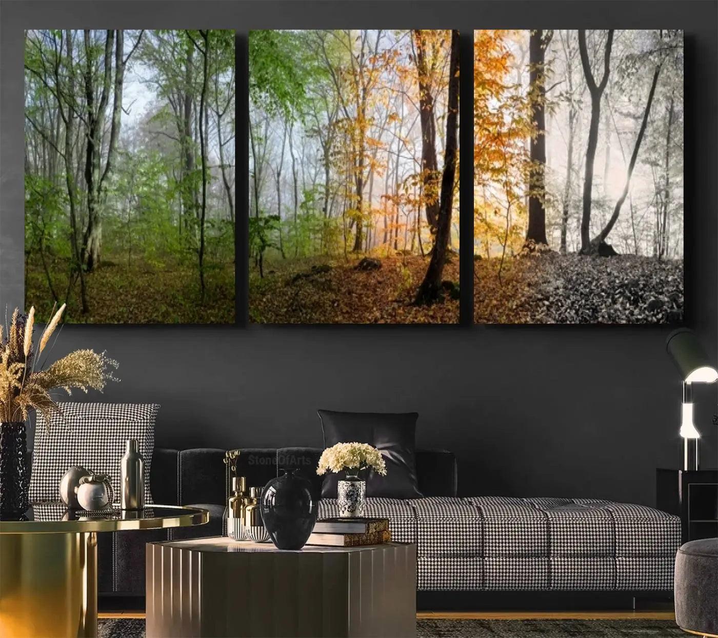 -Seasonal Forest Canvas Wall Art Print - Changing Seasons in Nature Triptych - Ready to Hang Woodland