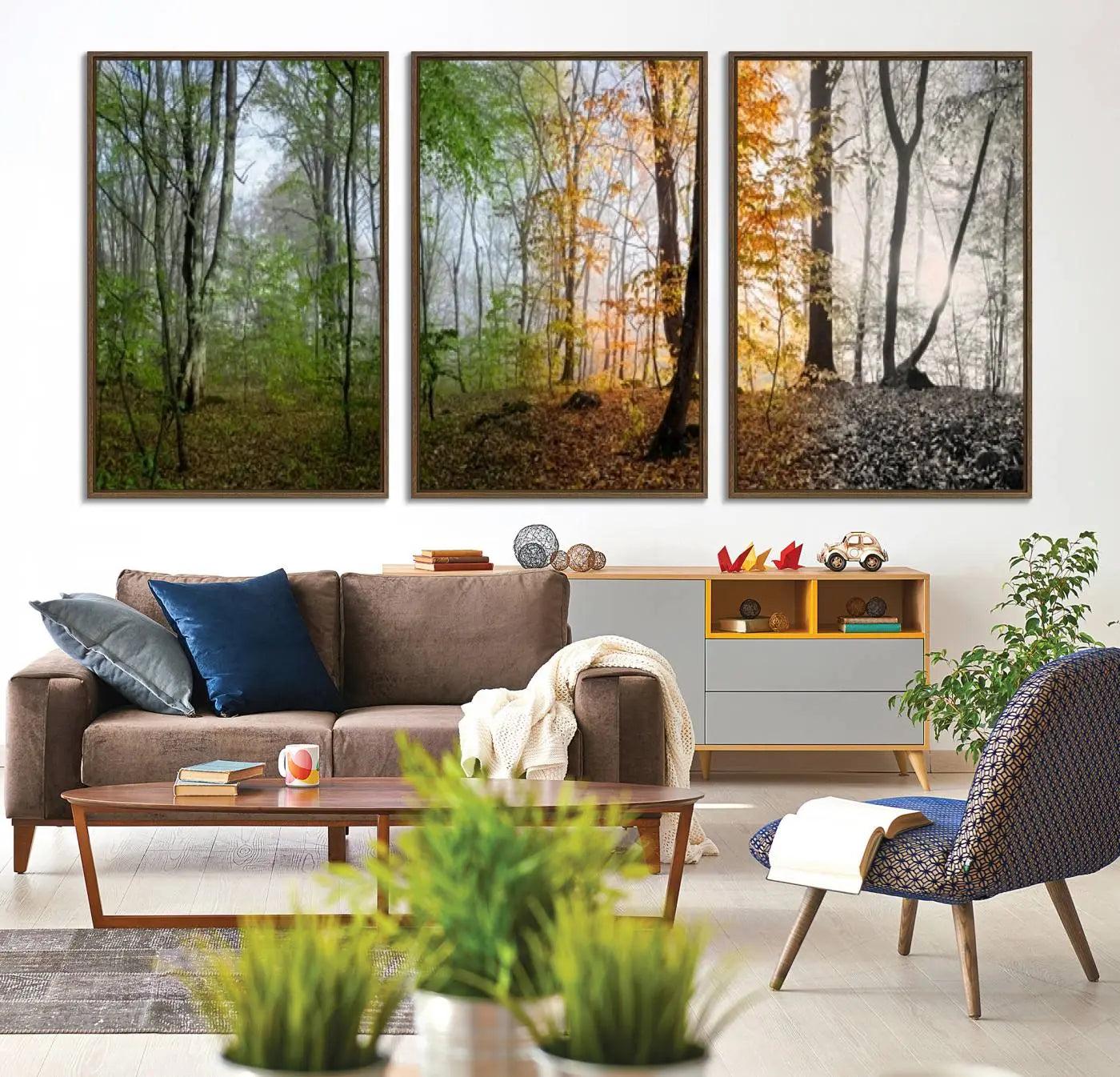 -Seasonal Forest Canvas Wall Art Print - Changing Seasons in Nature Triptych - Ready to Hang Woodland