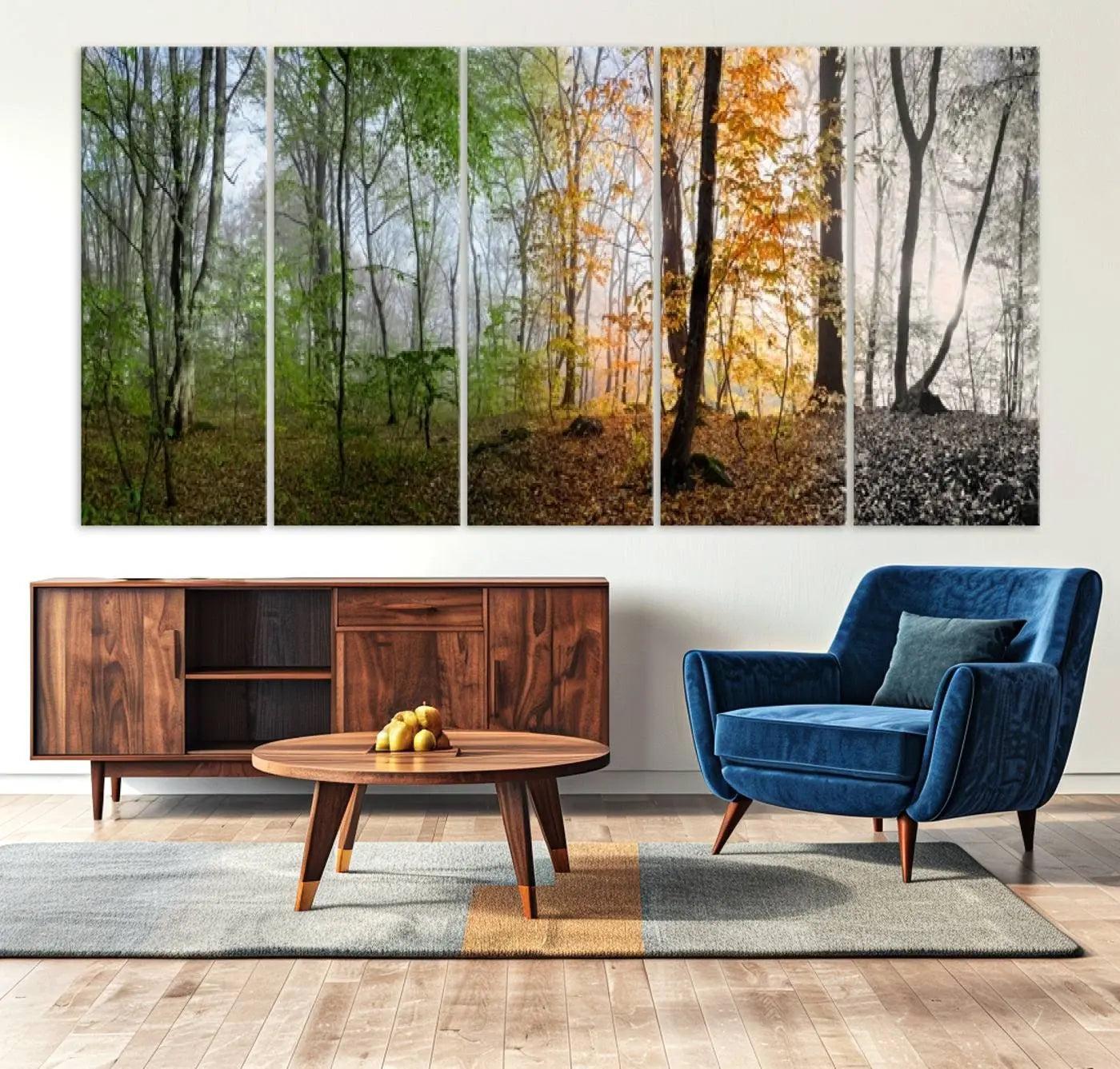 -Seasonal Forest Canvas Wall Art Print - Changing Seasons in Nature Triptych - Ready to Hang Woodland